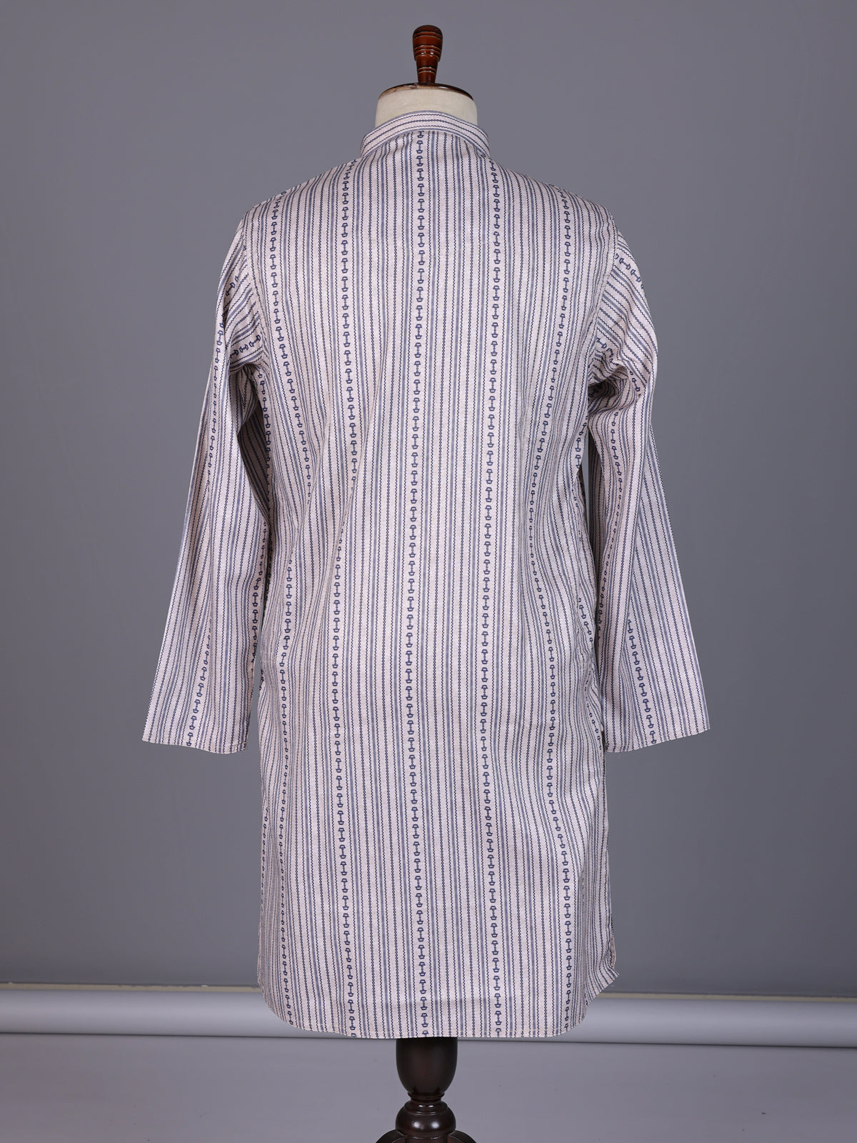 Beige striped cotton silk blend kurta suit with mandarin collar