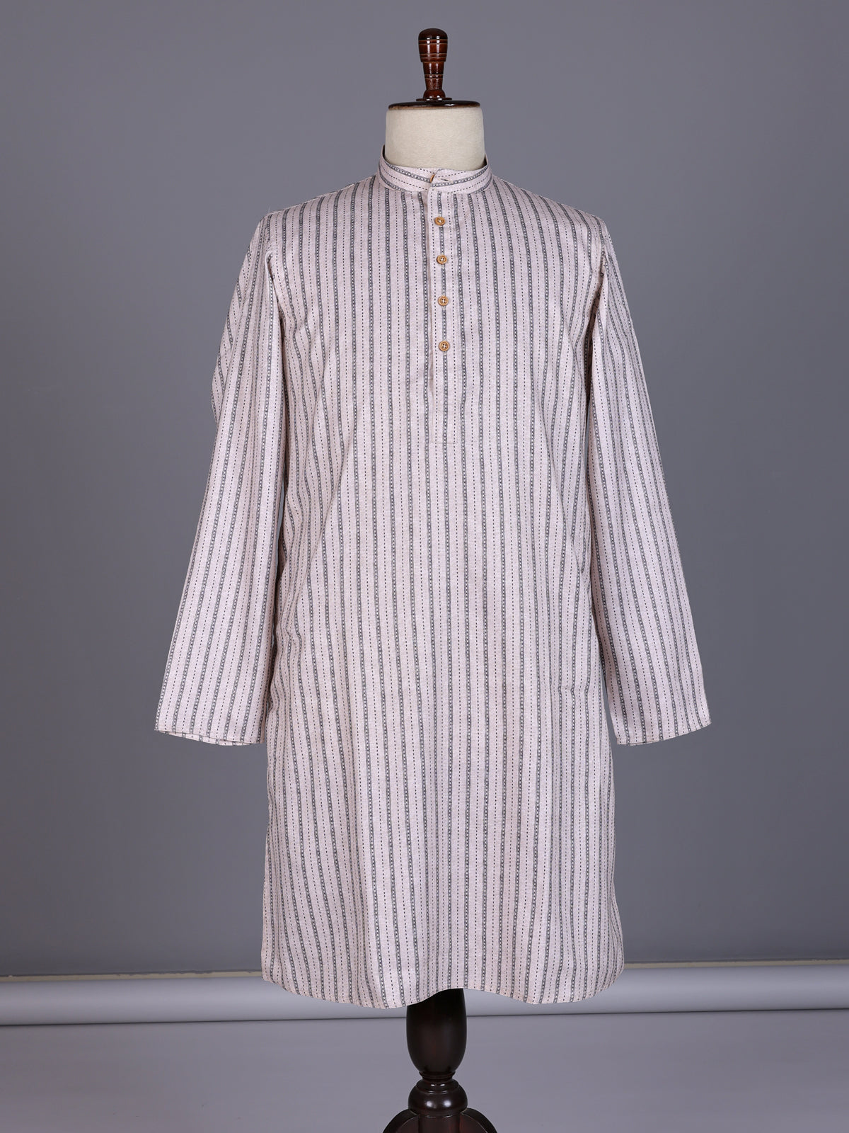Light beige striped cotton silk blend kurta suit for mens