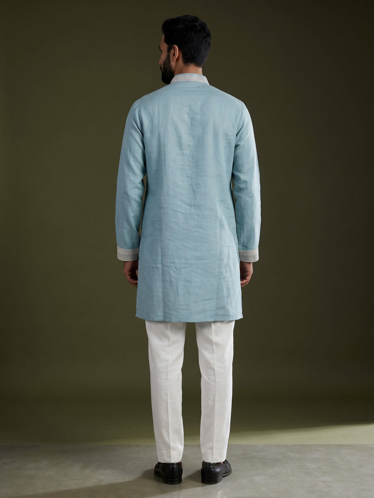 Sky blue cotton silk blend kurta suit with white detailing