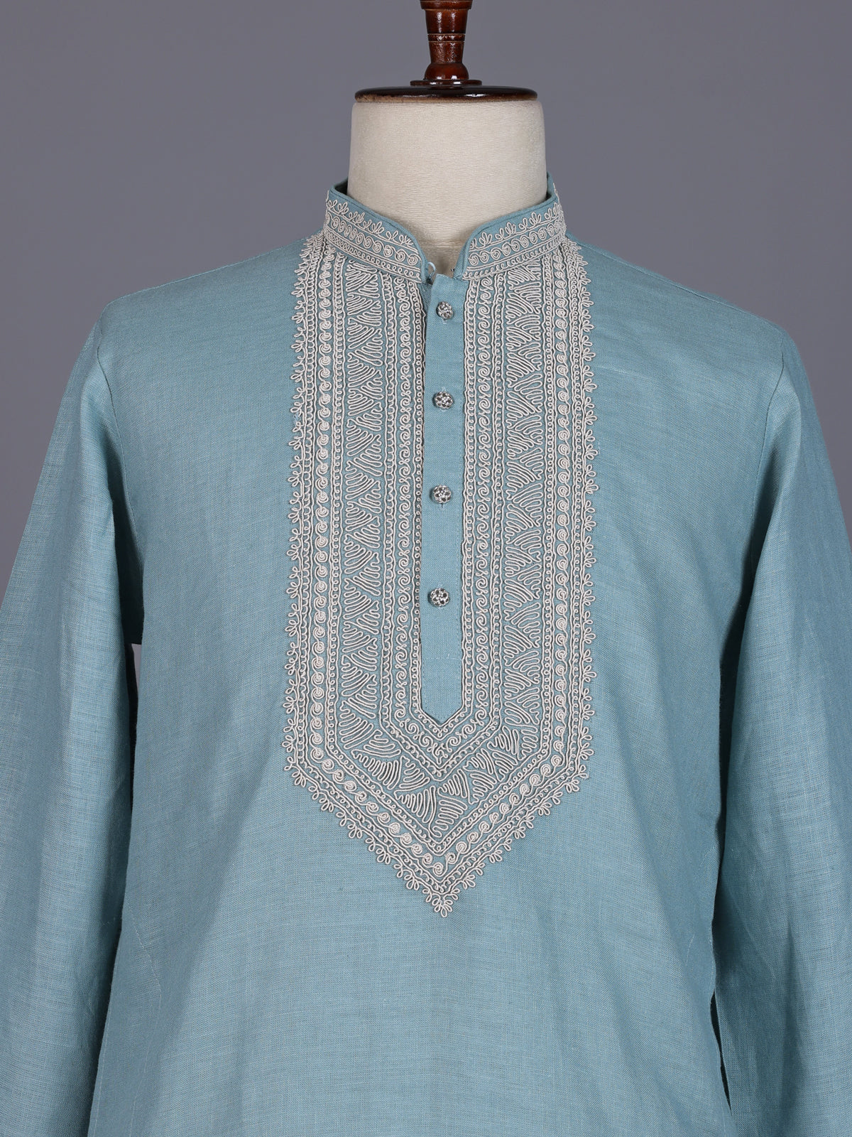 Sky blue cotton silk blend kurta suit with white detailing