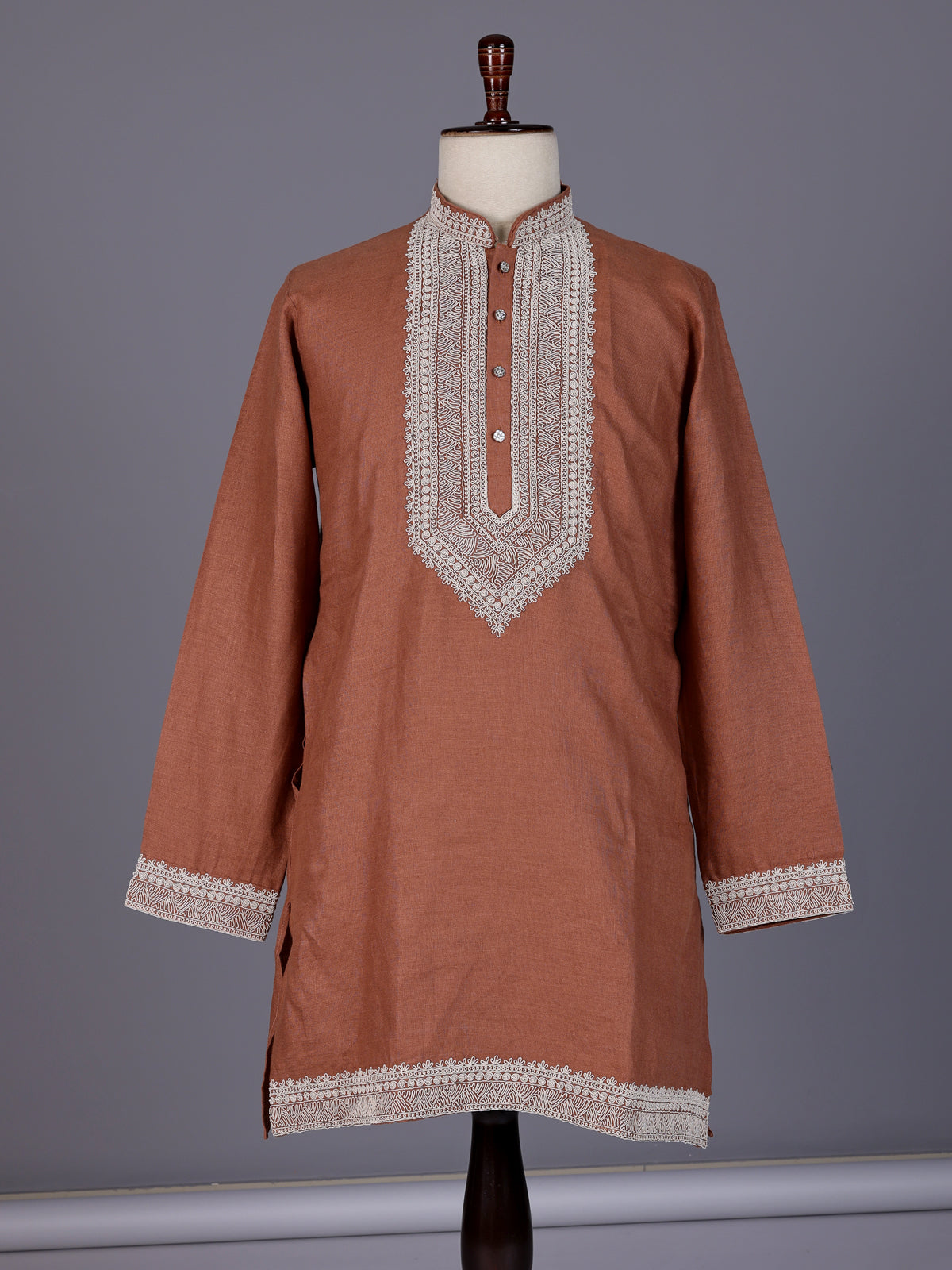 Deep peach cotton silk blend kurta suit with white thread