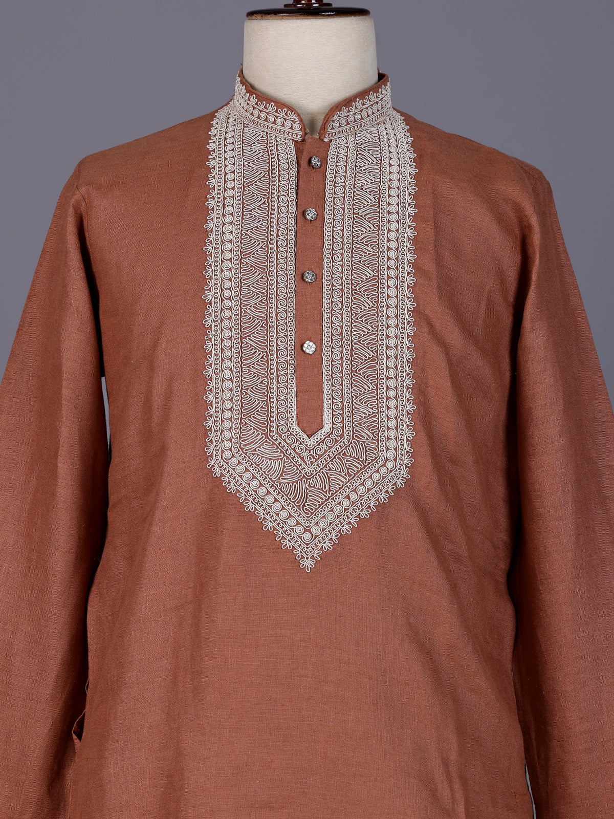 Deep peach cotton silk blend kurta suit with white thread