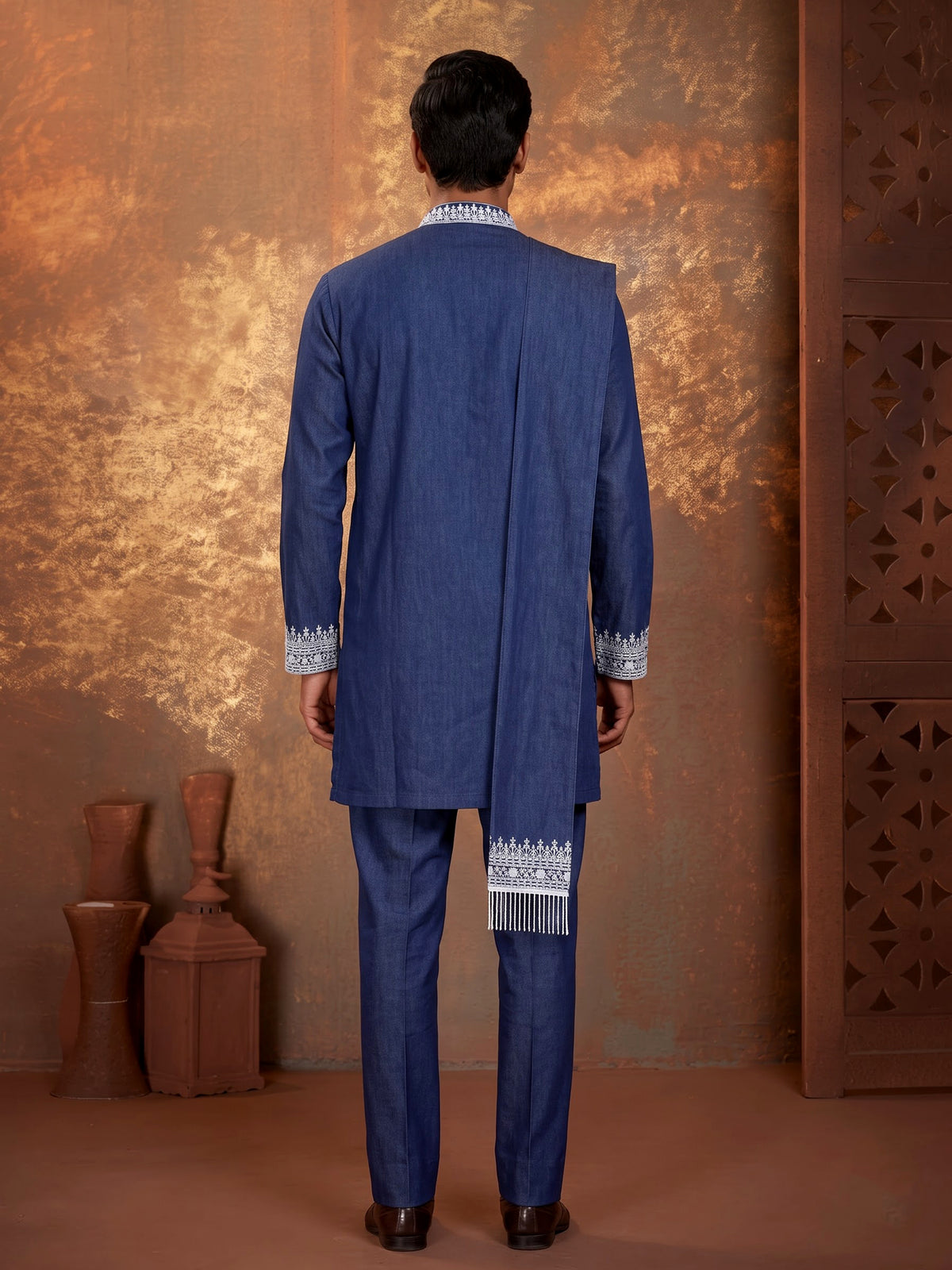 Blue silk blend yoke kurta suit with embroidered dupatta
