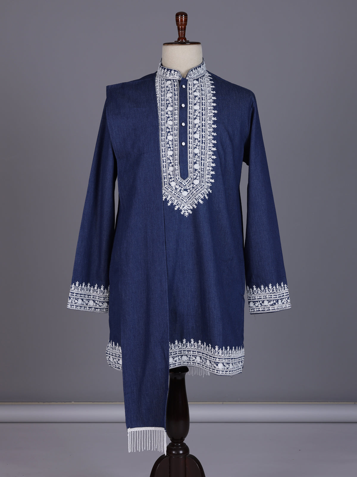 Blue silk blend yoke kurta suit with embroidered dupatta