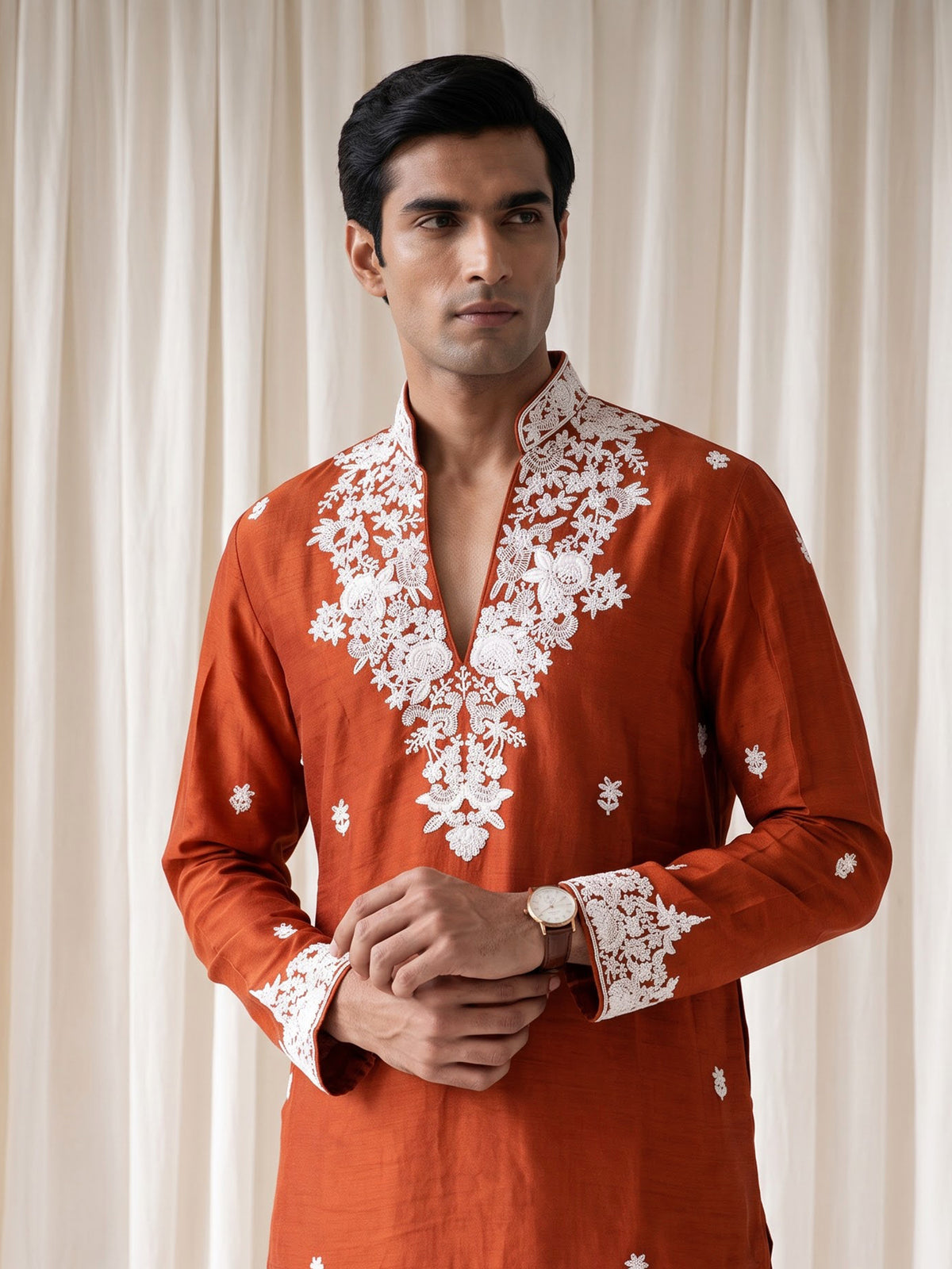 Rust orange silk kurta suit with floral bead embellishments