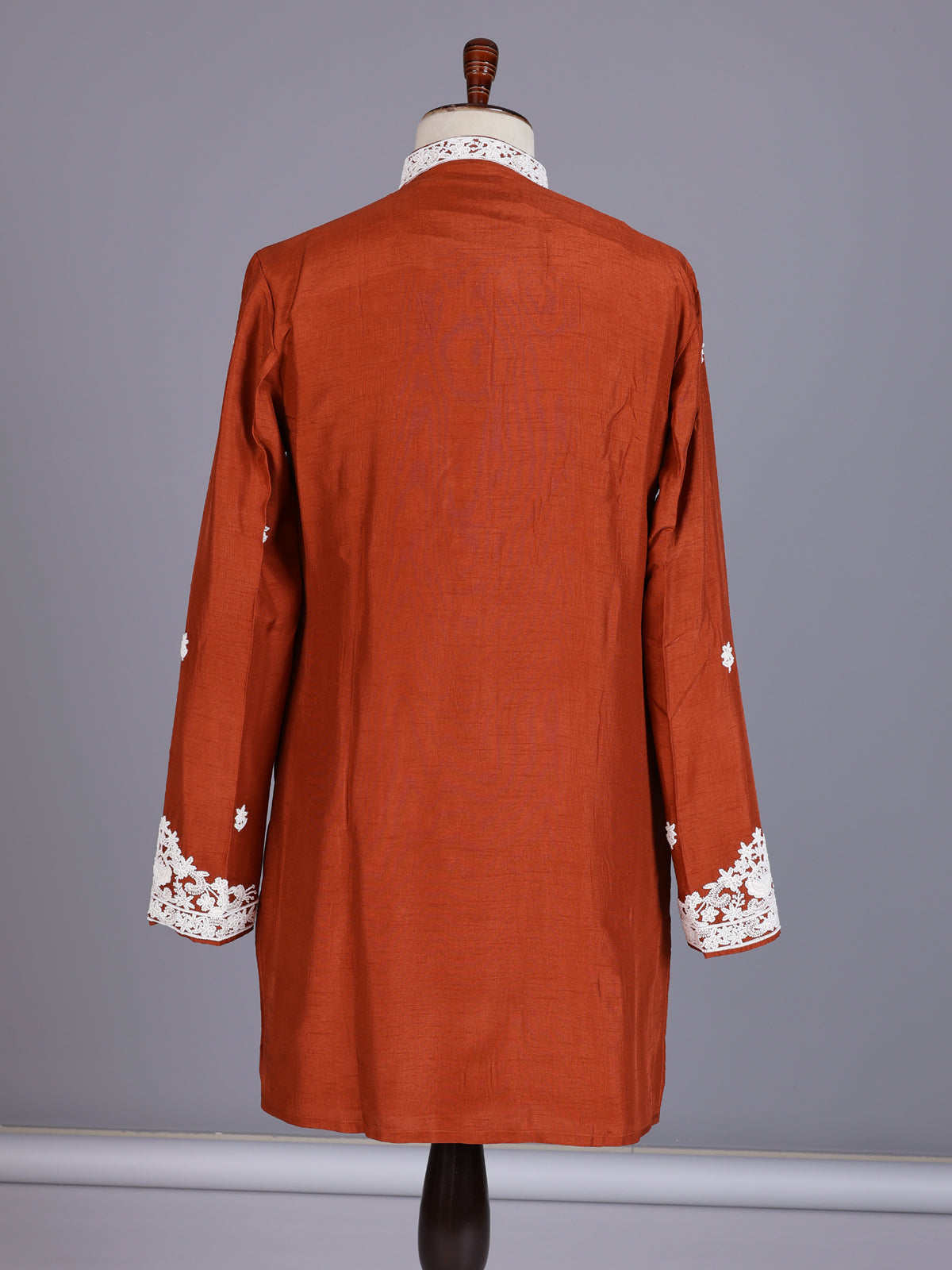 Rust orange silk kurta suit with floral bead embellishments