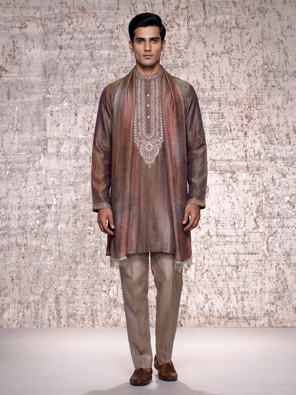 Pastel brown silk yoke kurta suit with zardosi pearl detailing