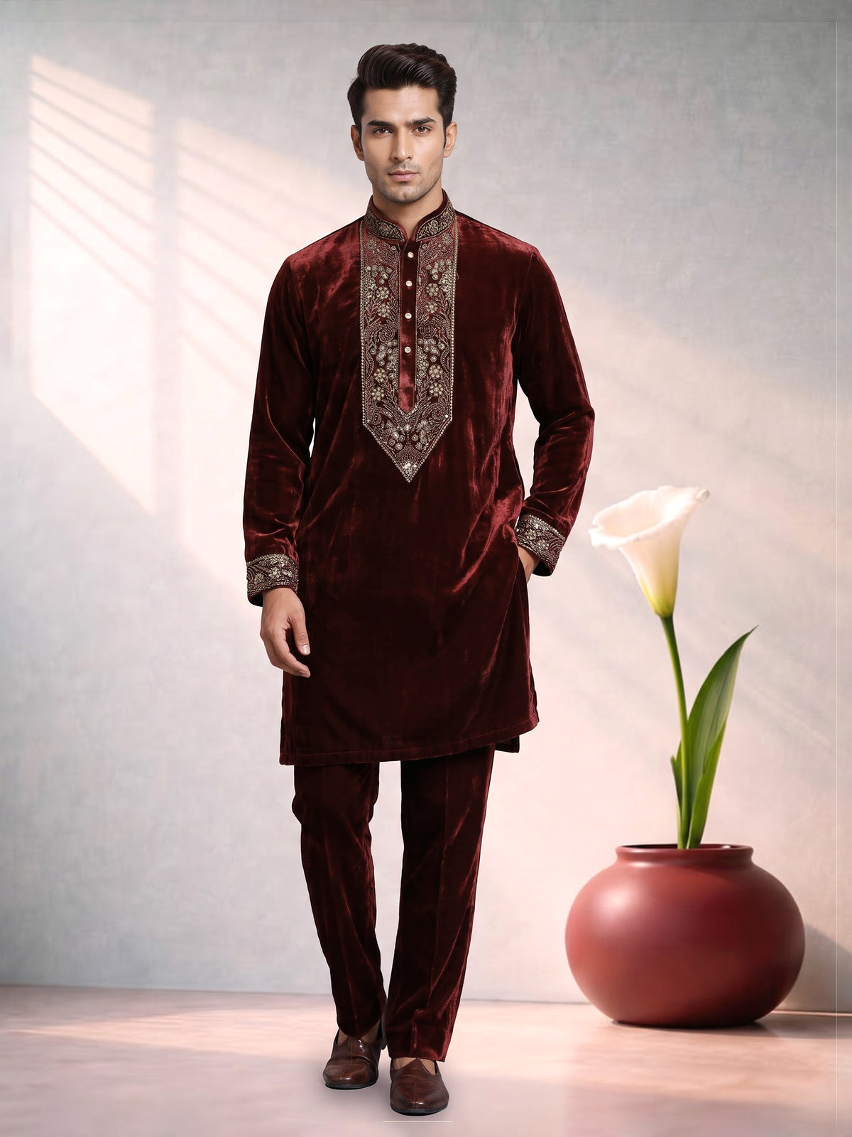 Maroon premium silk blend kurta suit with antique gold yoke