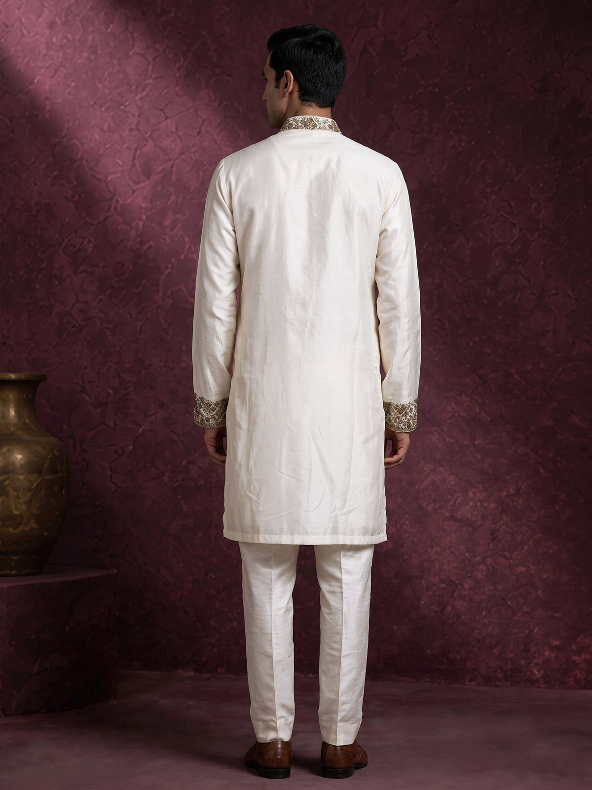 Cream premium silk blend kurta suit with elephant yoke