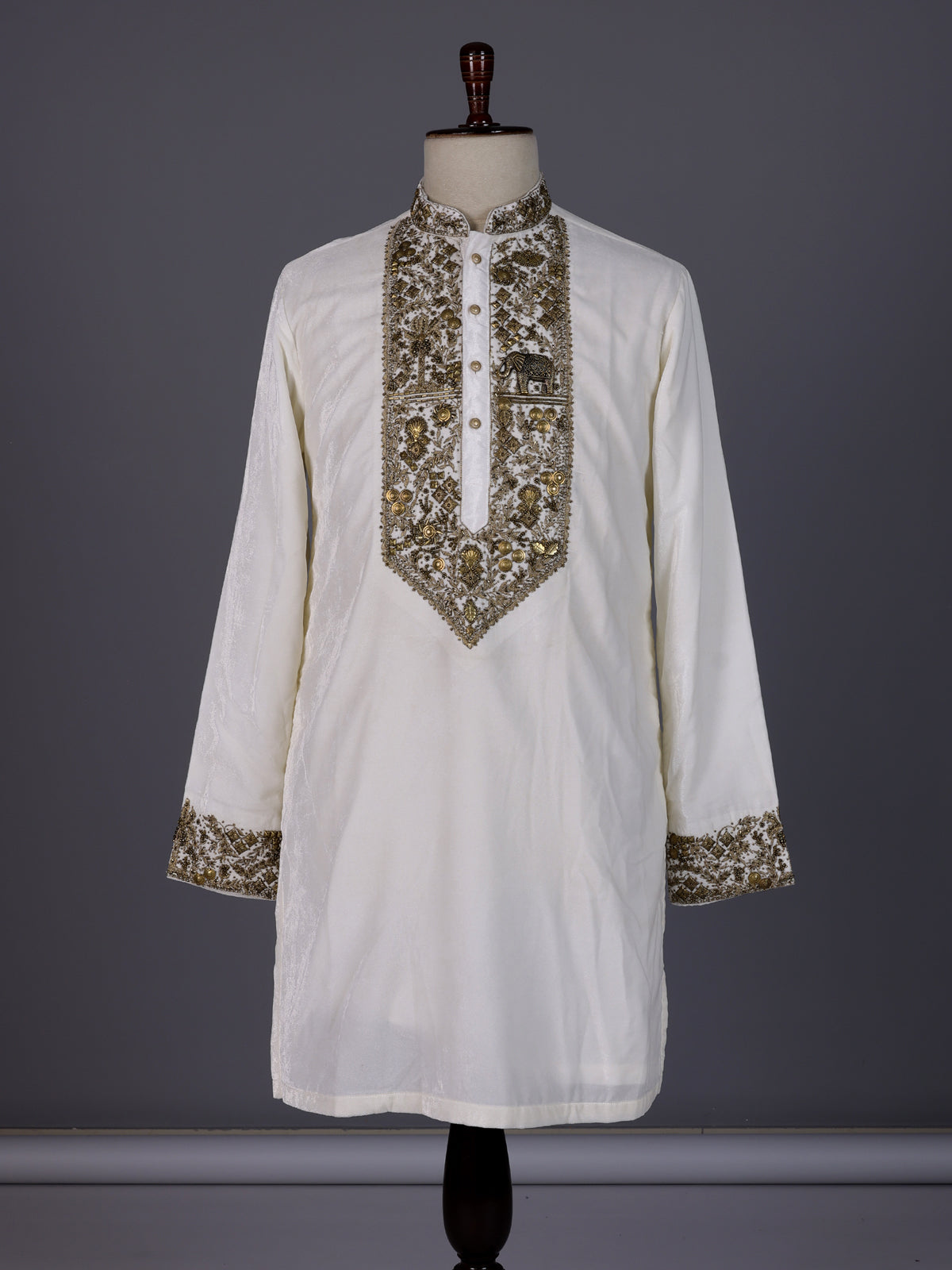 Cream premium silk blend kurta suit with elephant yoke