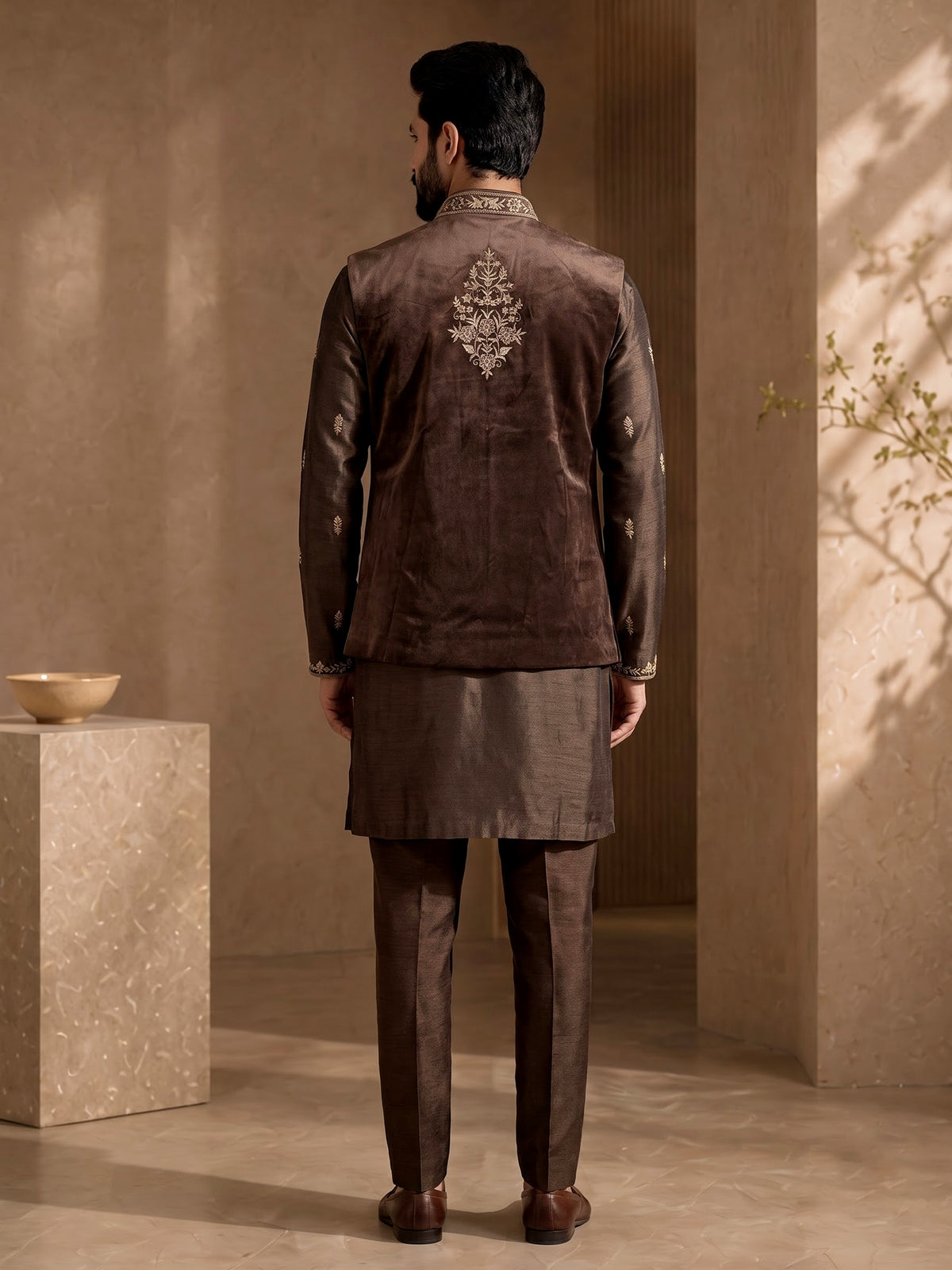 Brown embroidered cotton silk blend waistcoat set for mens weddings