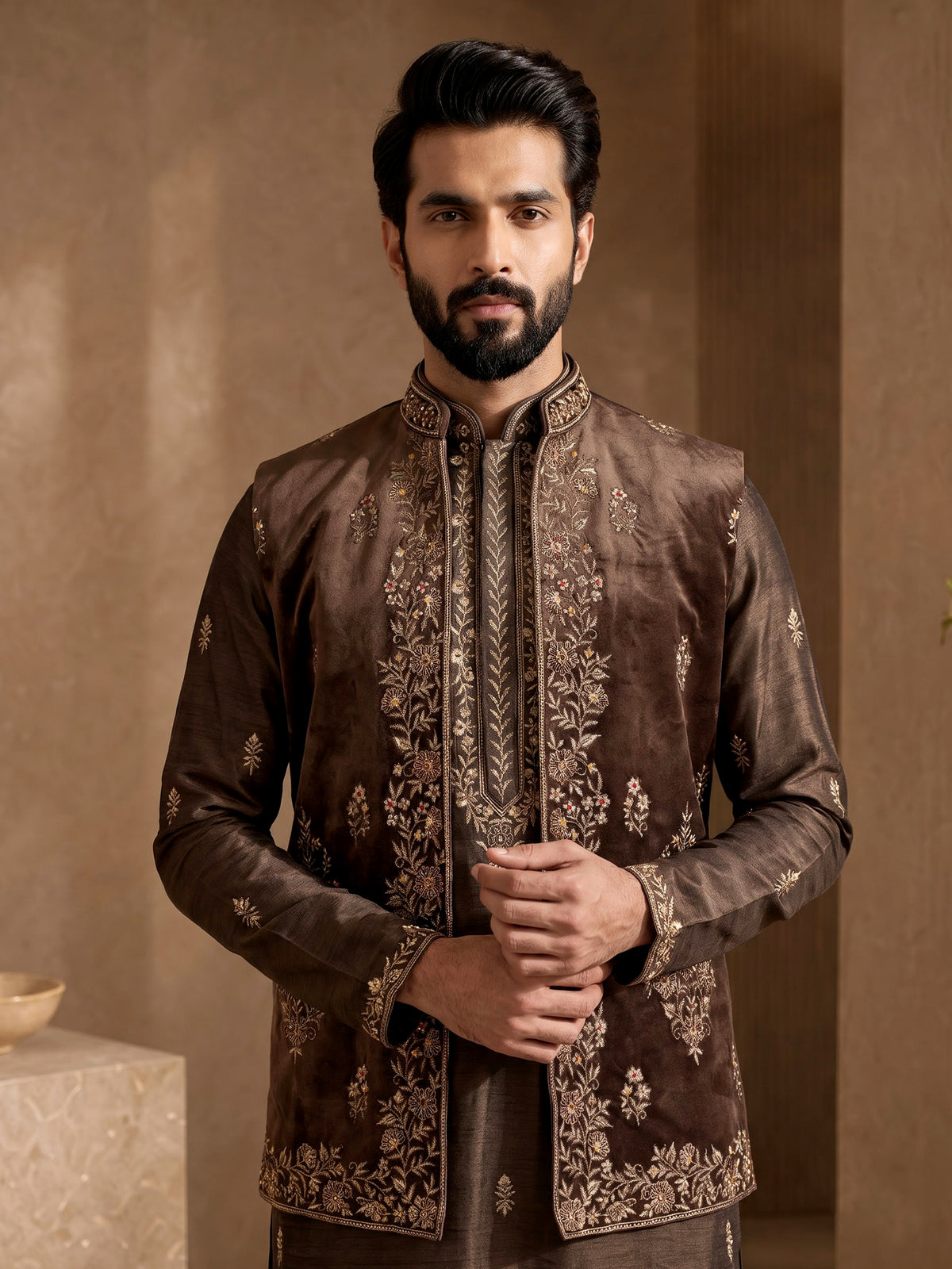 Brown embroidered cotton silk blend waistcoat set for mens weddings
