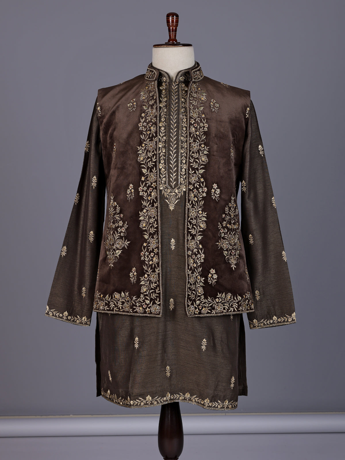Brown embroidered cotton silk blend waistcoat set for mens weddings