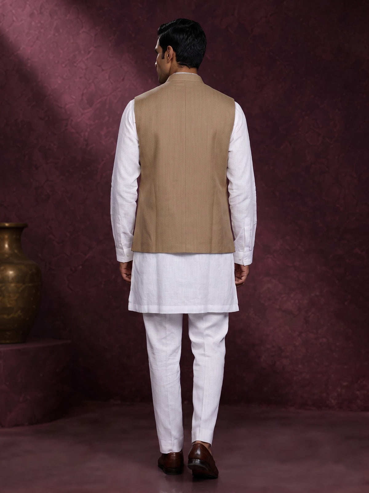 Khaki and white textured cotton-silk waistcoat set for mens festivities
