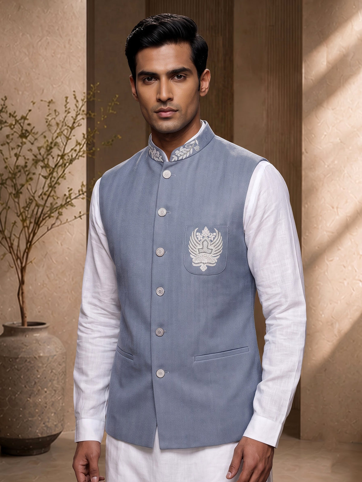 Stone grey and white textured cotton-silk waistcoat set for mens weddings