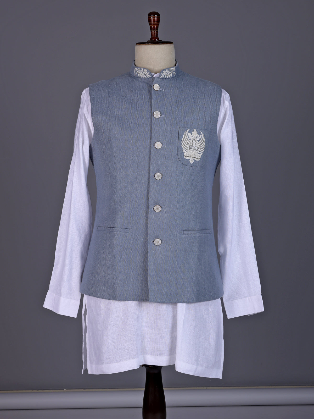 Stone grey and white textured cotton-silk waistcoat set for mens weddings