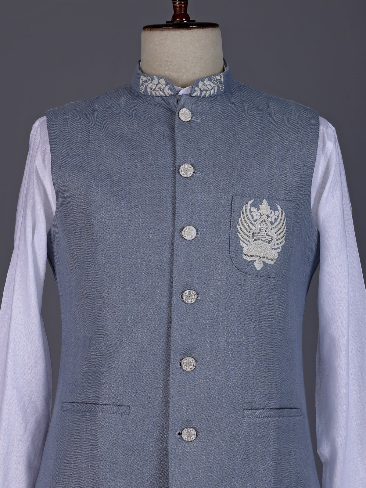 Stone grey and white textured cotton-silk waistcoat set for mens weddings