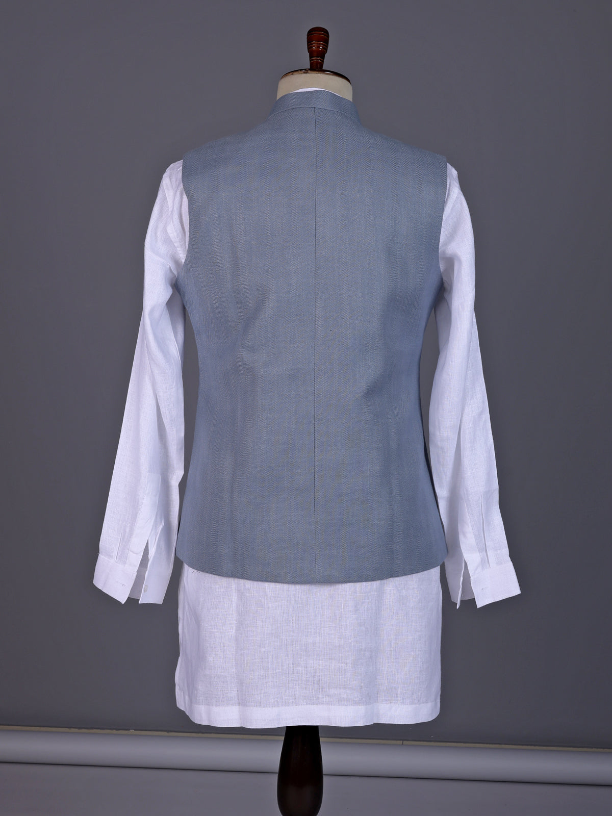 Stone grey and white textured cotton-silk waistcoat set for mens weddings