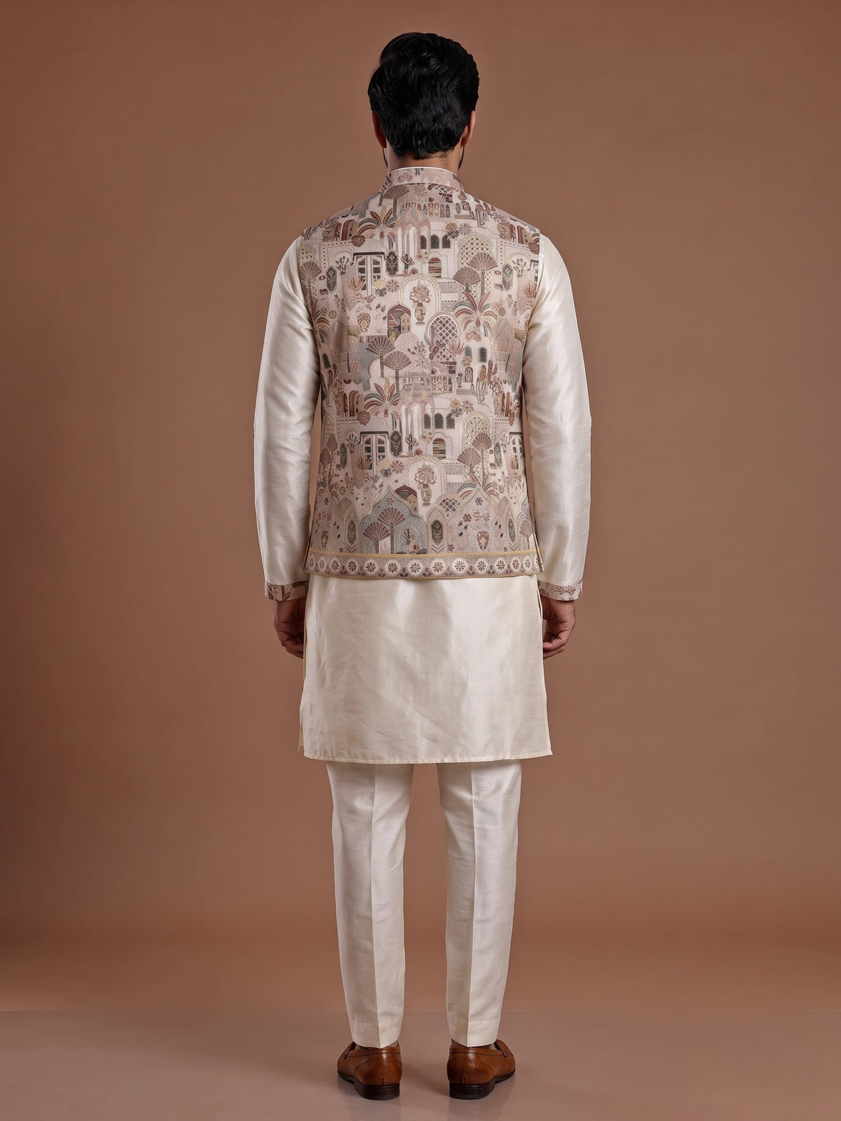 Cream silk heritage waistcoat set with scenic embroidered motifs