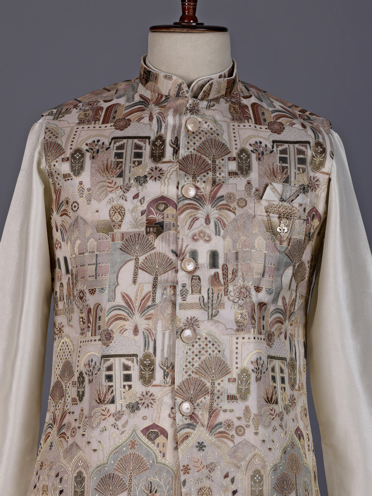Cream silk heritage waistcoat set with scenic embroidered motifs