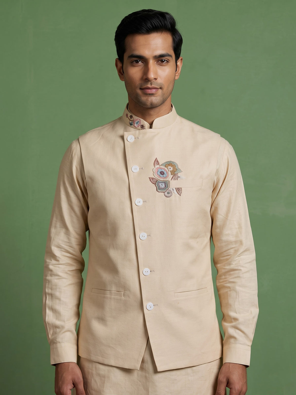 Beige linen silk waistcoat set with multicolor thread stone embroidery