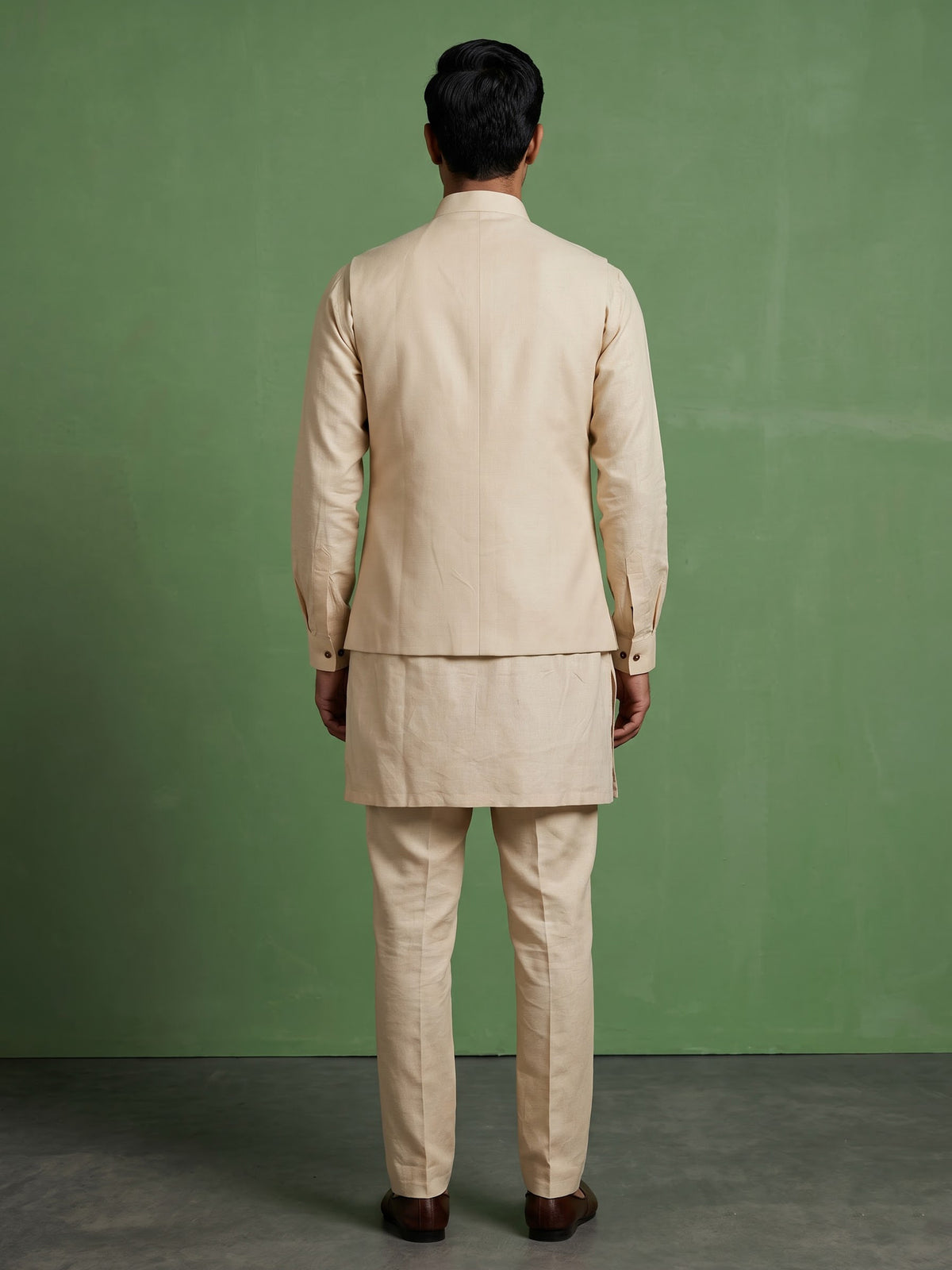 Beige linen silk waistcoat set with multicolor thread stone embroidery