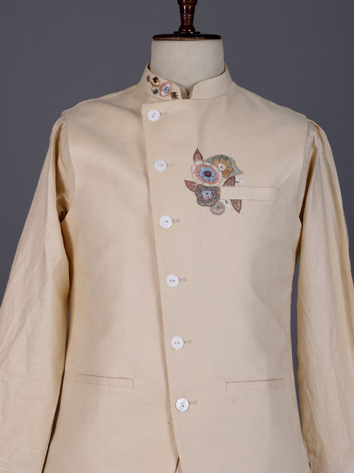 Beige linen silk waistcoat set with multicolor thread stone embroidery