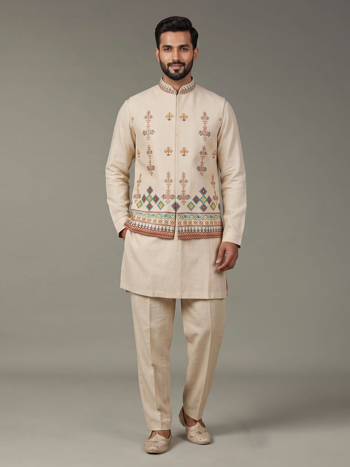 Beige printed silk waistcoat set with multicolor floral embellishments