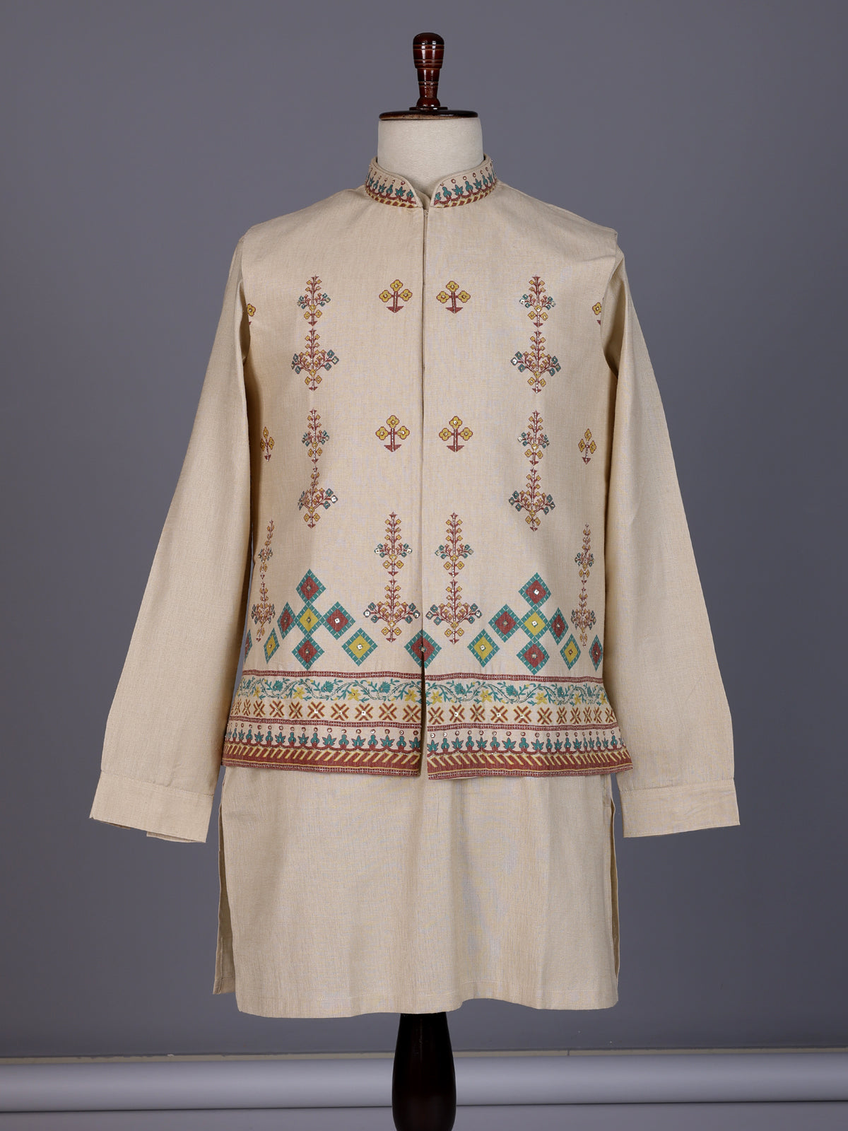 Beige printed silk waistcoat set with multicolor floral embellishments
