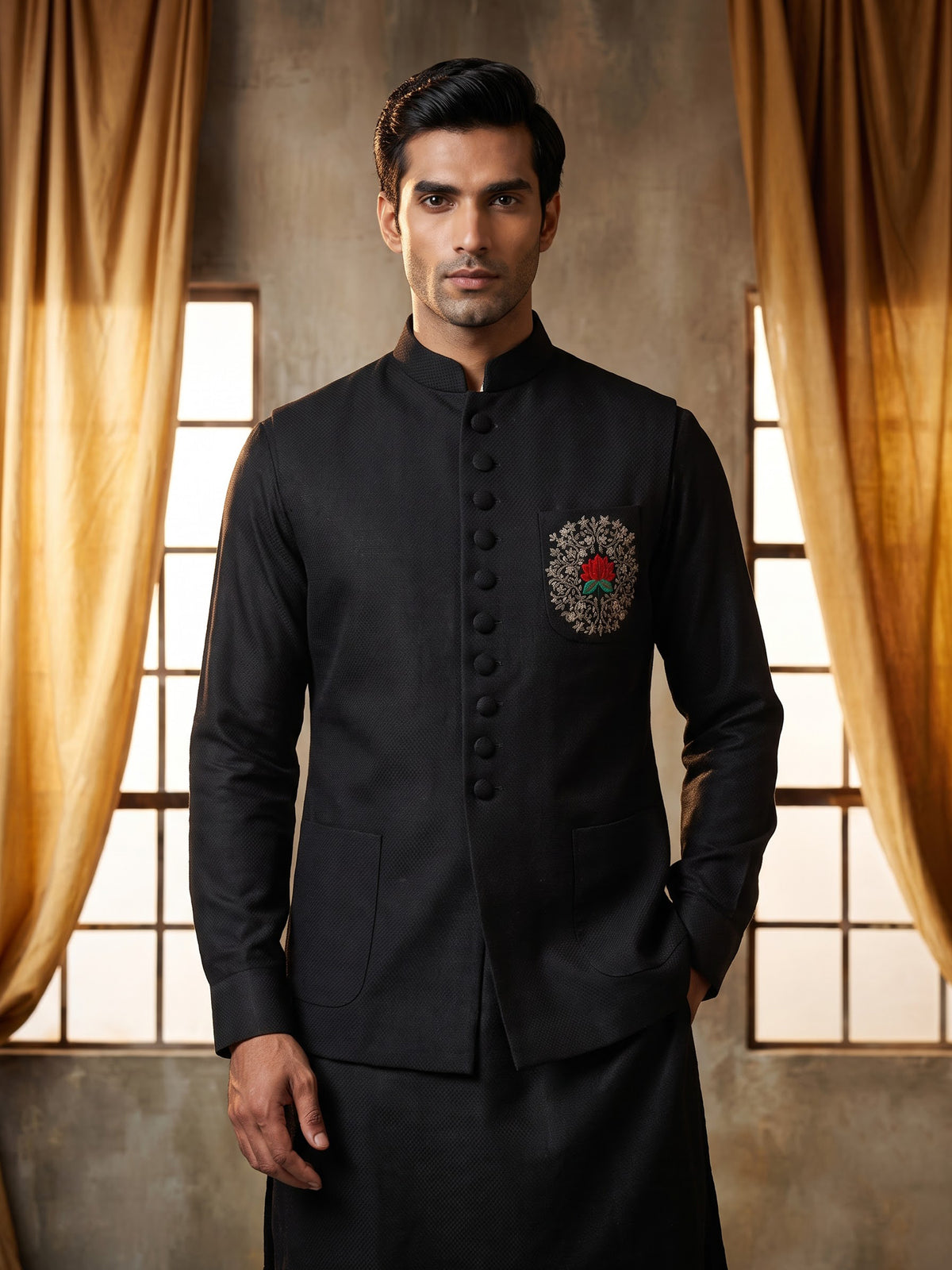 Black textured silk-blend waistcoat set with zardosi crest detailing