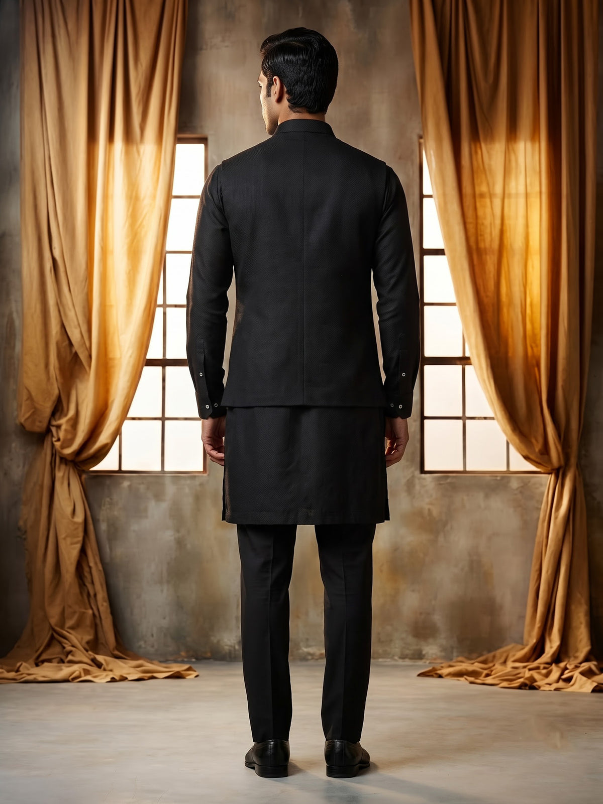 Black textured silk-blend waistcoat set with zardosi crest detailing