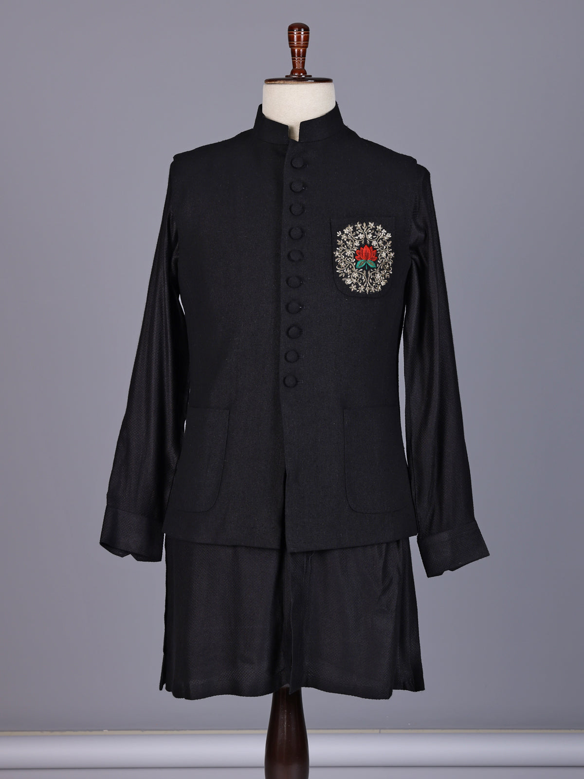 Black textured silk-blend waistcoat set with zardosi crest detailing