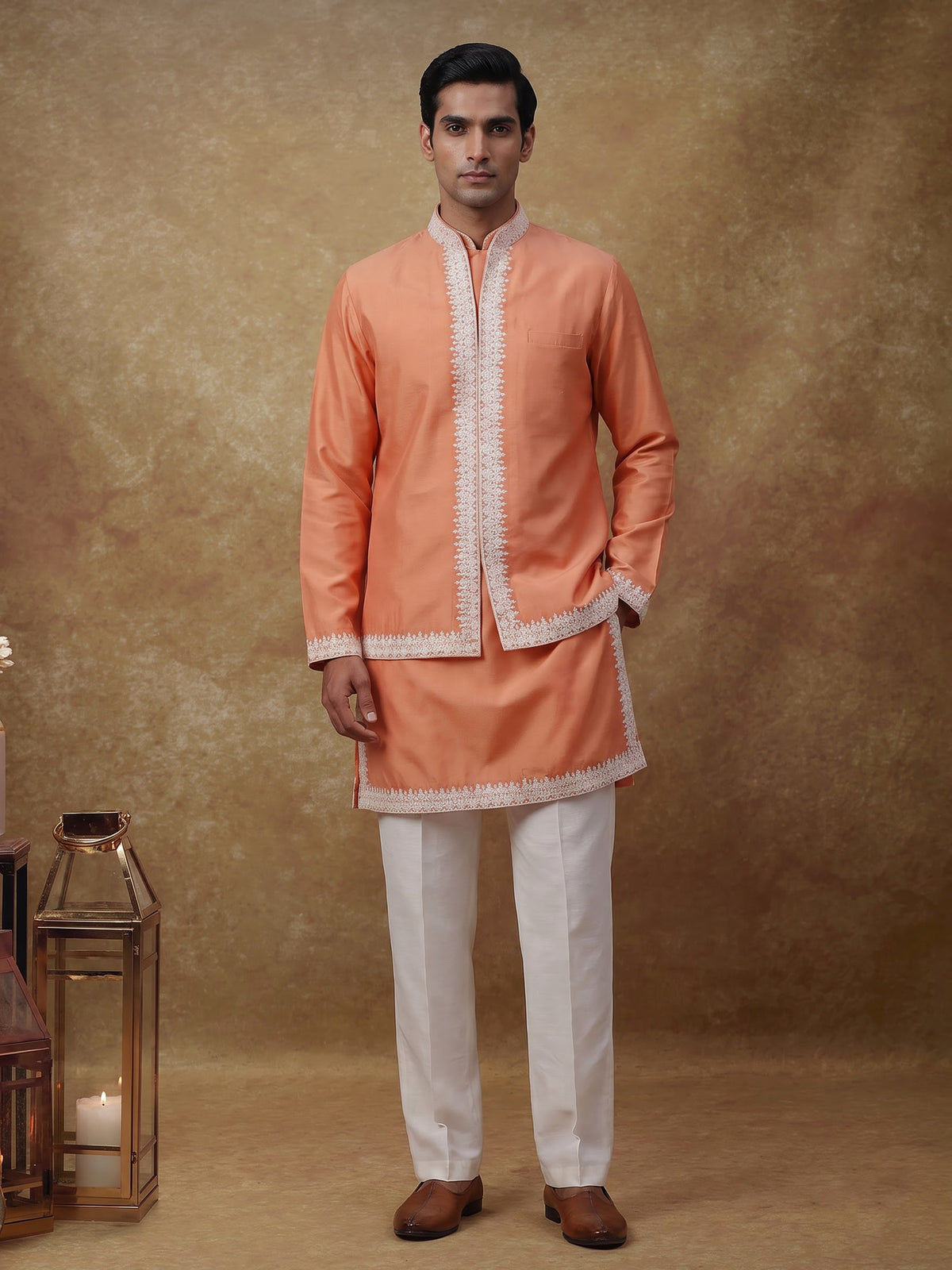 Peach silk blend waistcoat set with cutdana thread detailing