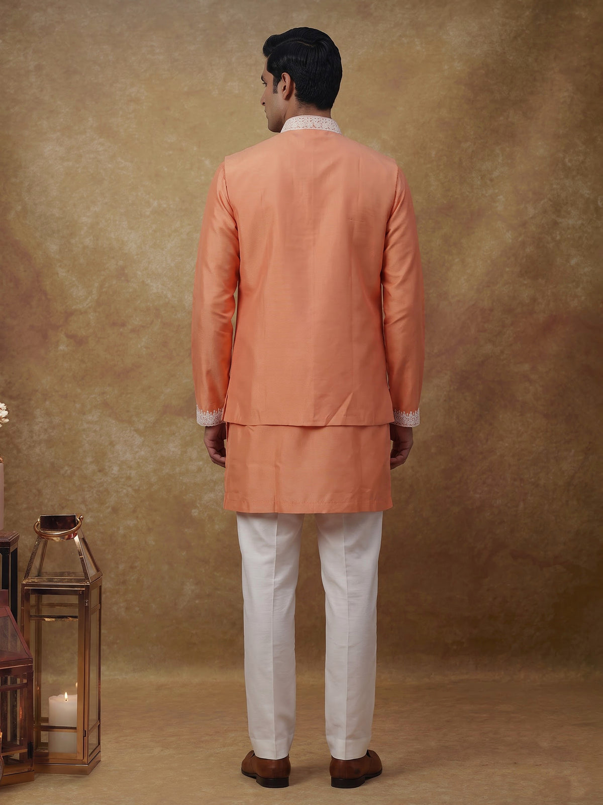 Peach silk blend waistcoat set with cutdana thread detailing