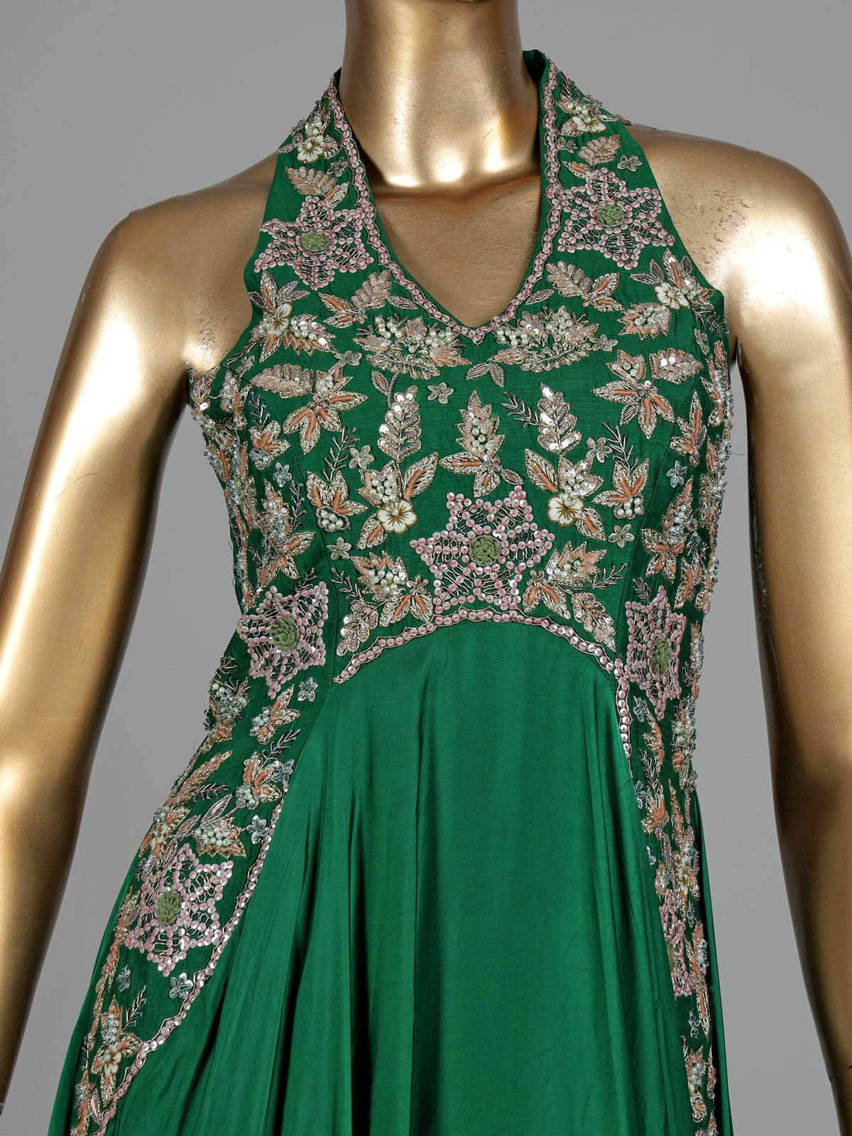 Green satin silk designer anarkali suit