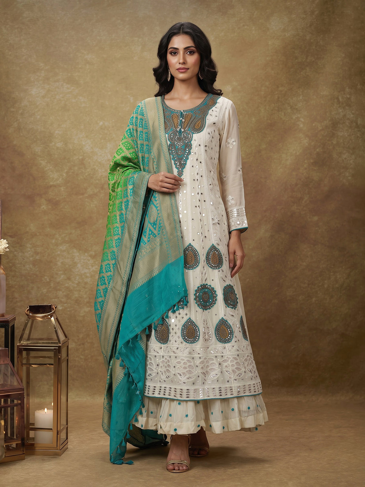 Cream georgette anarkali with dupatta and lehenga