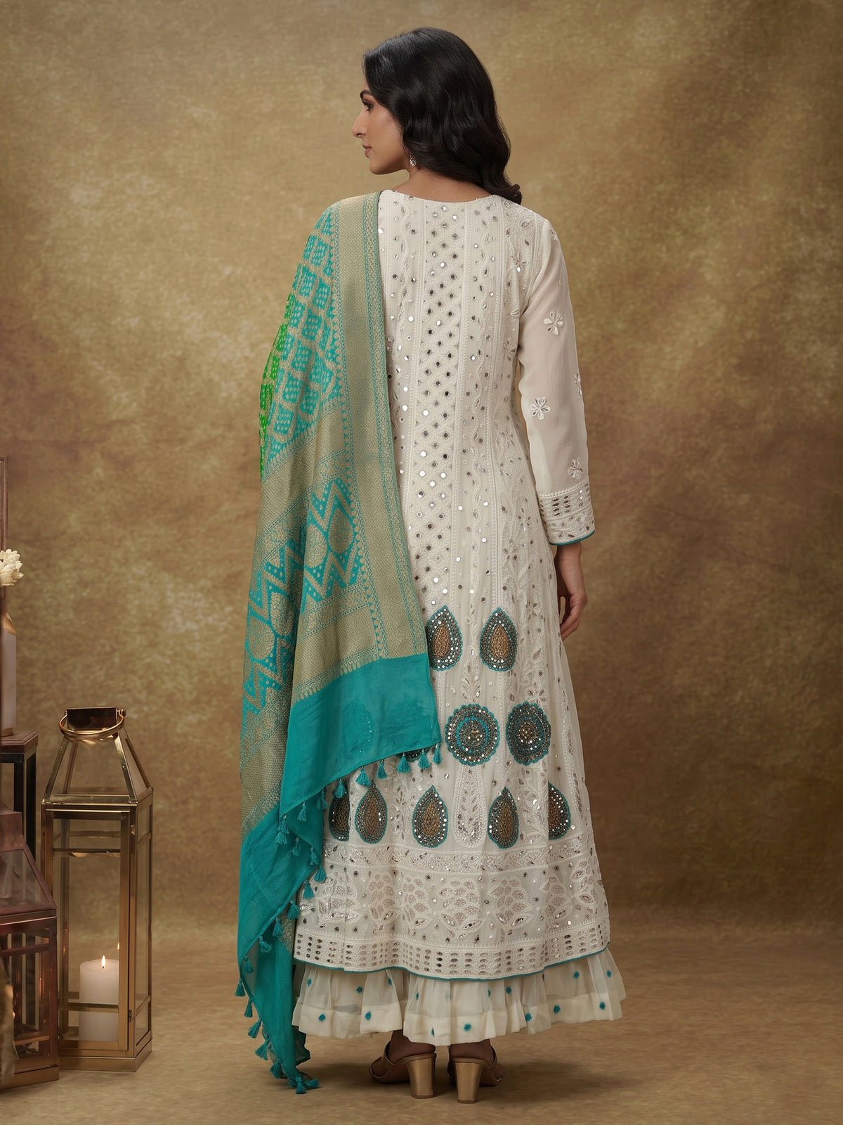 Cream georgette anarkali with dupatta and lehenga