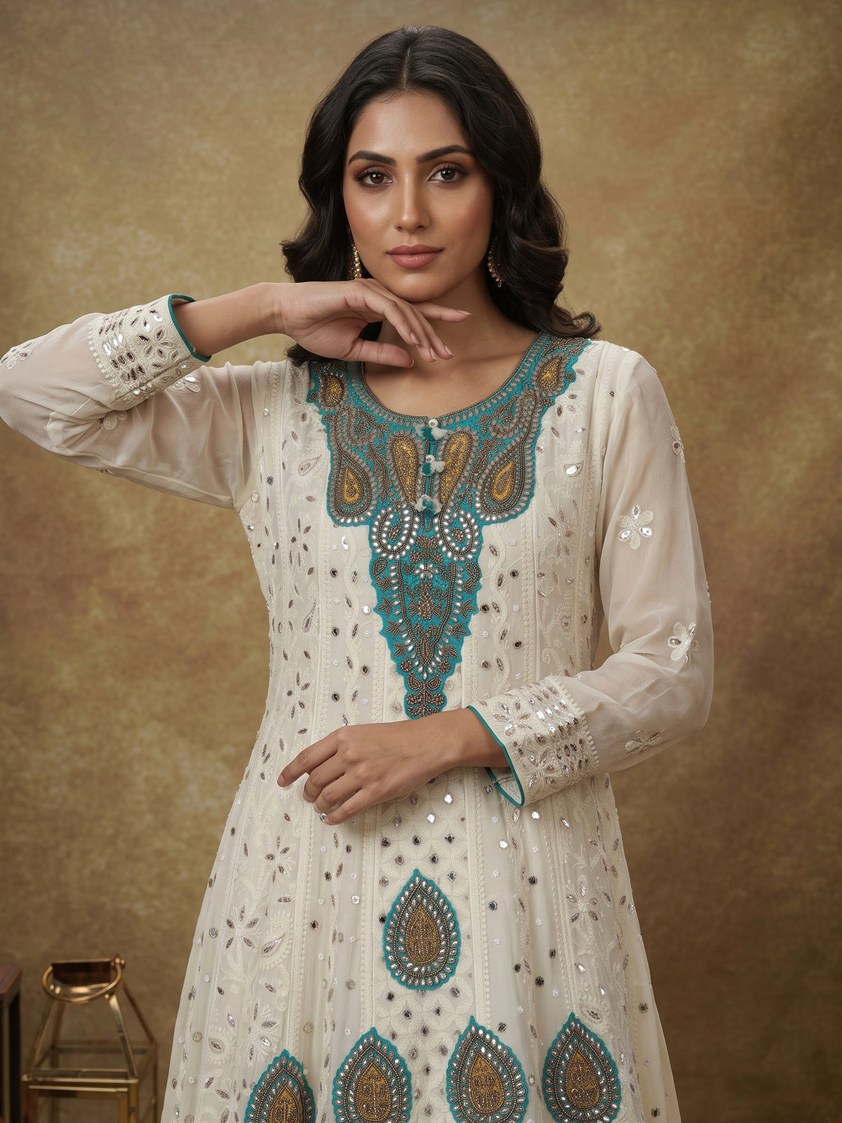 Cream georgette anarkali with dupatta and lehenga