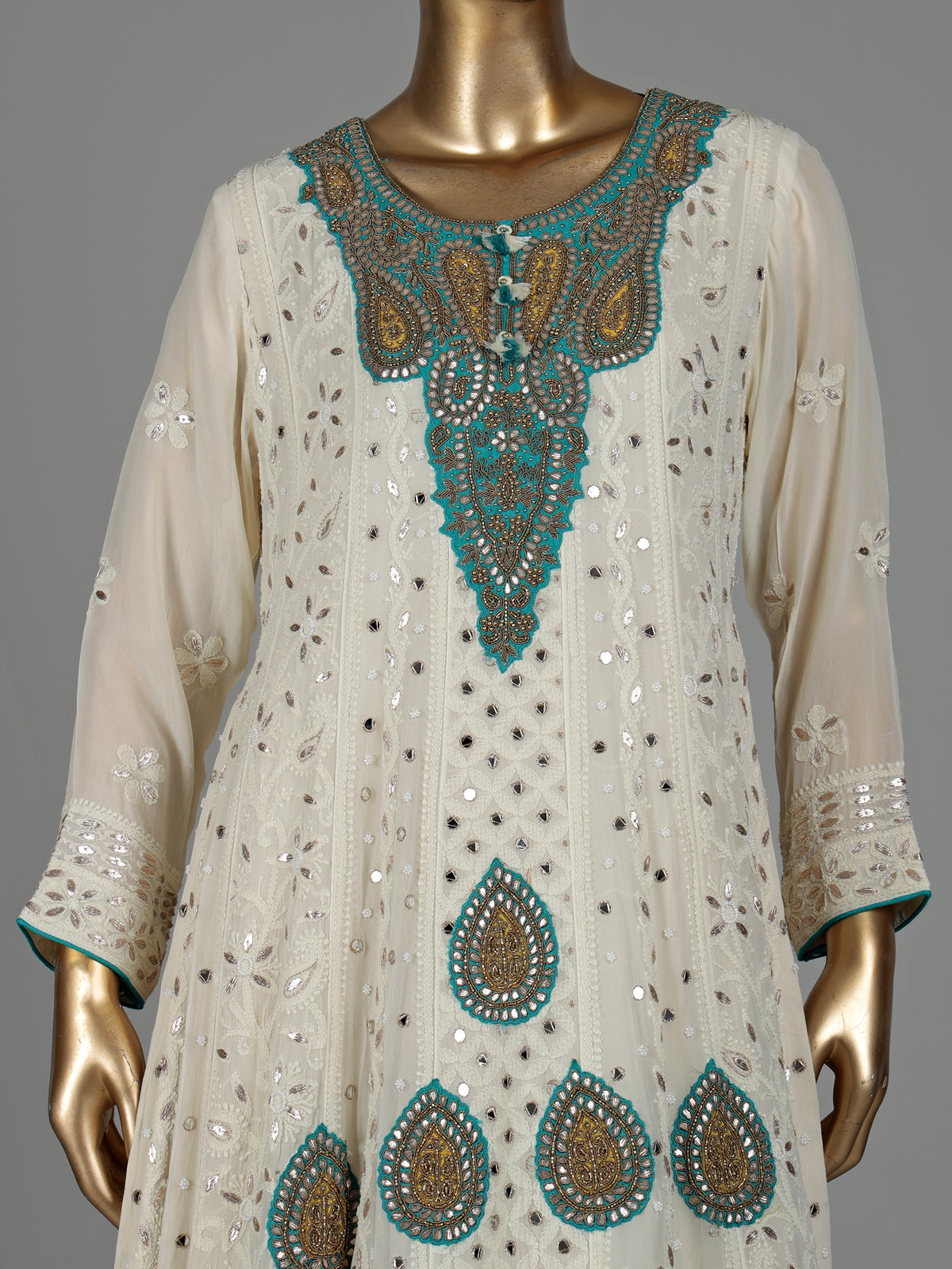 Cream georgette anarkali with dupatta and lehenga