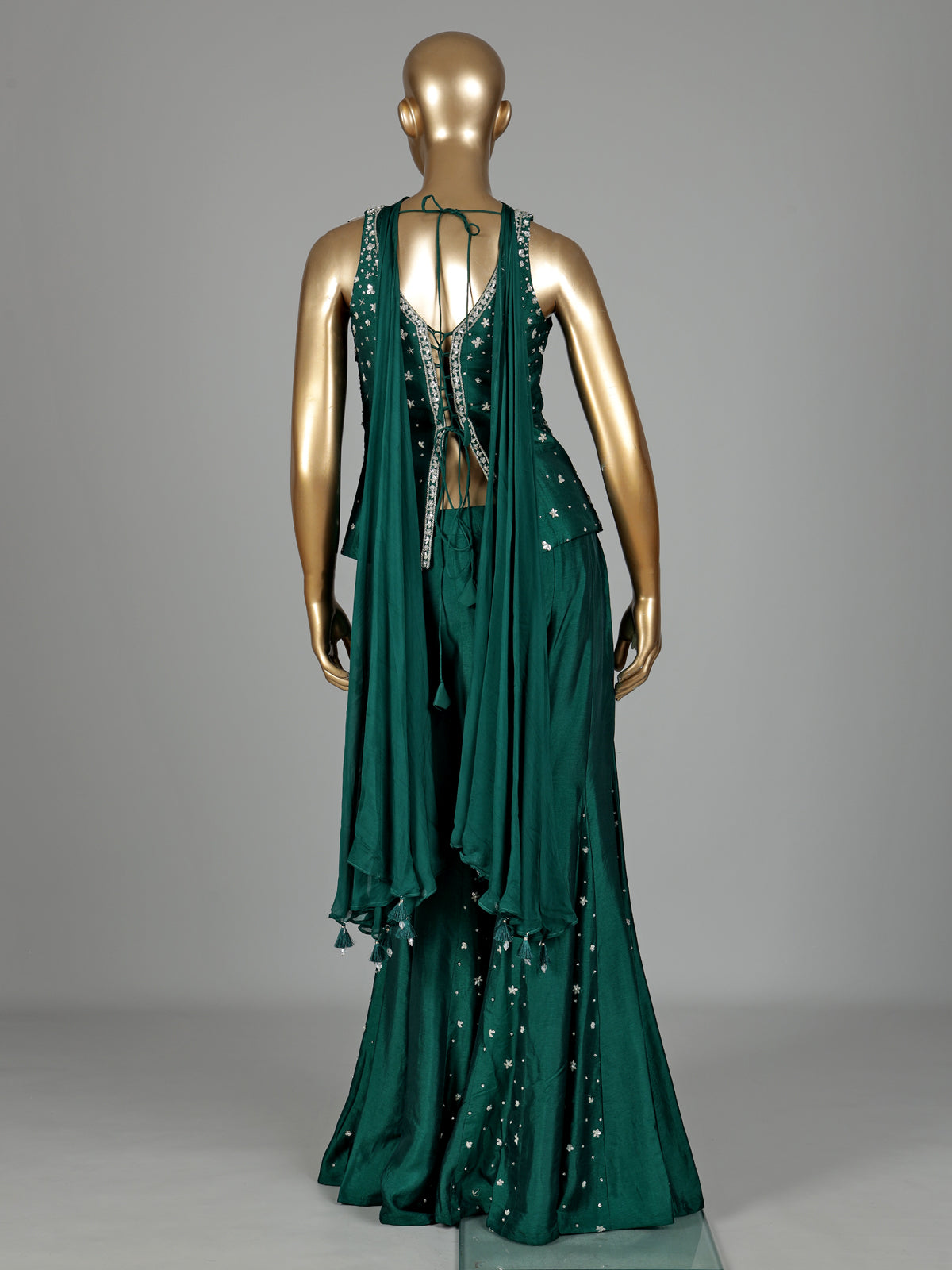 Bottle green silk designer palazzo suit