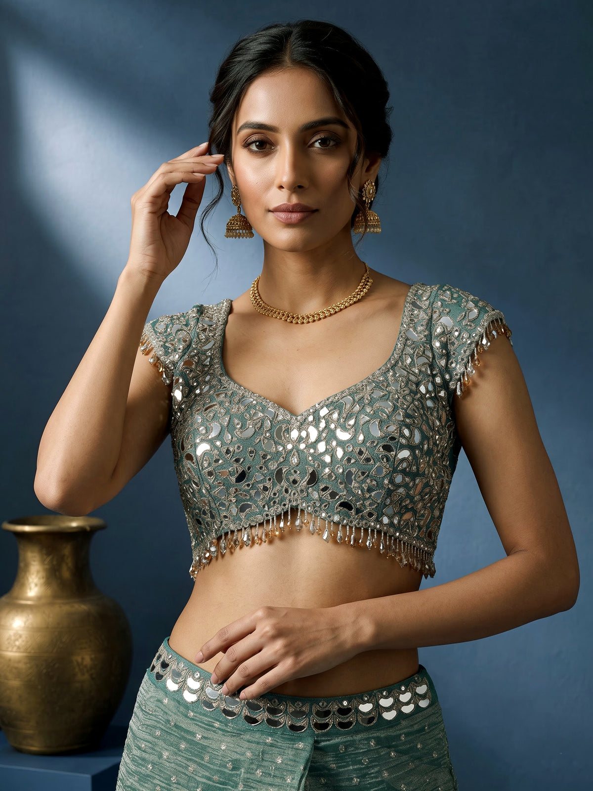 Firozi blue organza tissue ready-to-wear saree