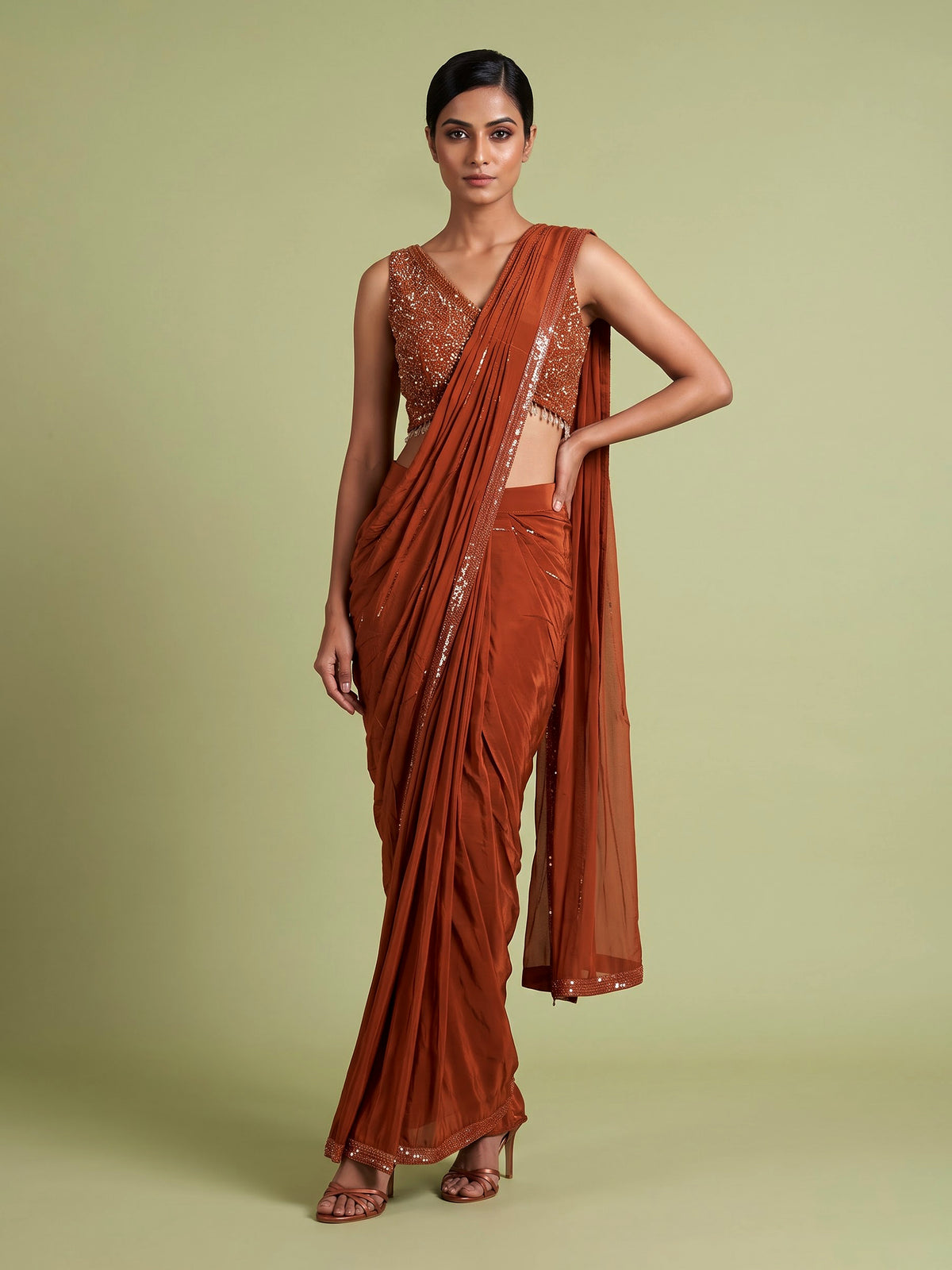 Rust deep orange satin ready-to-wear saree
