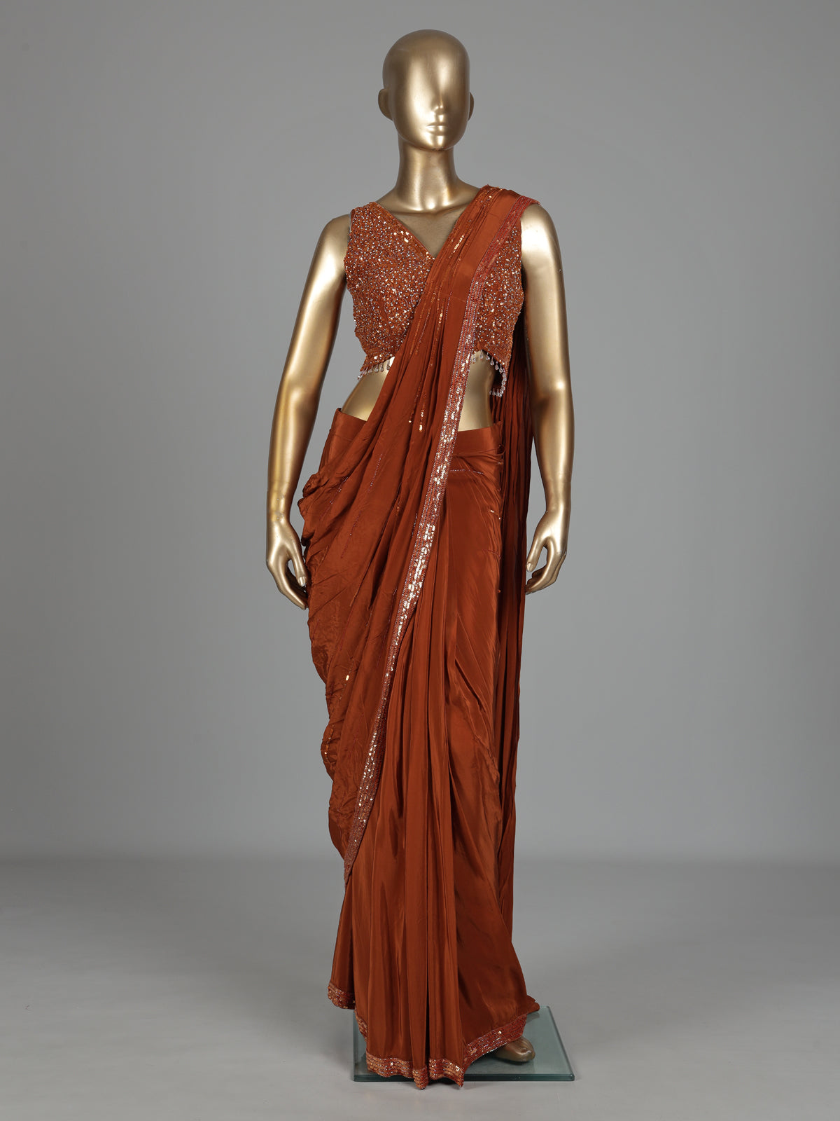 Rust deep orange satin ready-to-wear saree