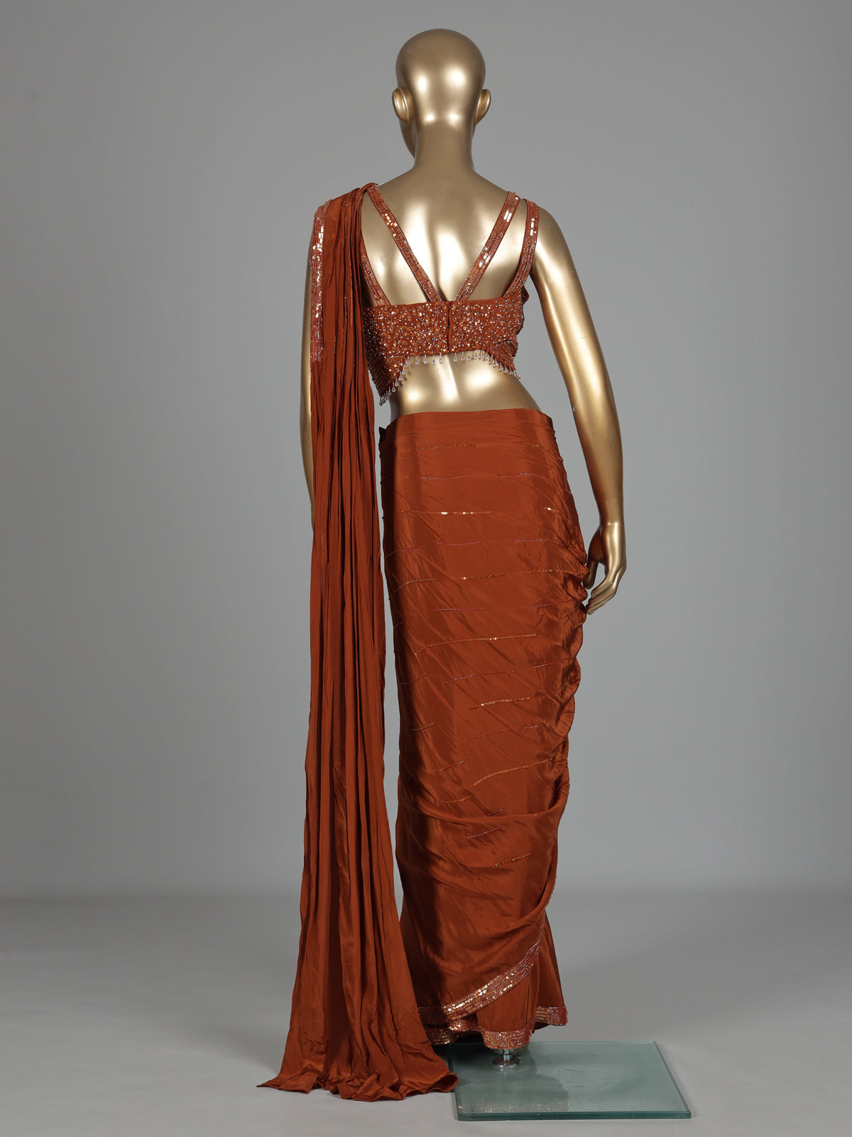 Rust deep orange satin ready-to-wear saree