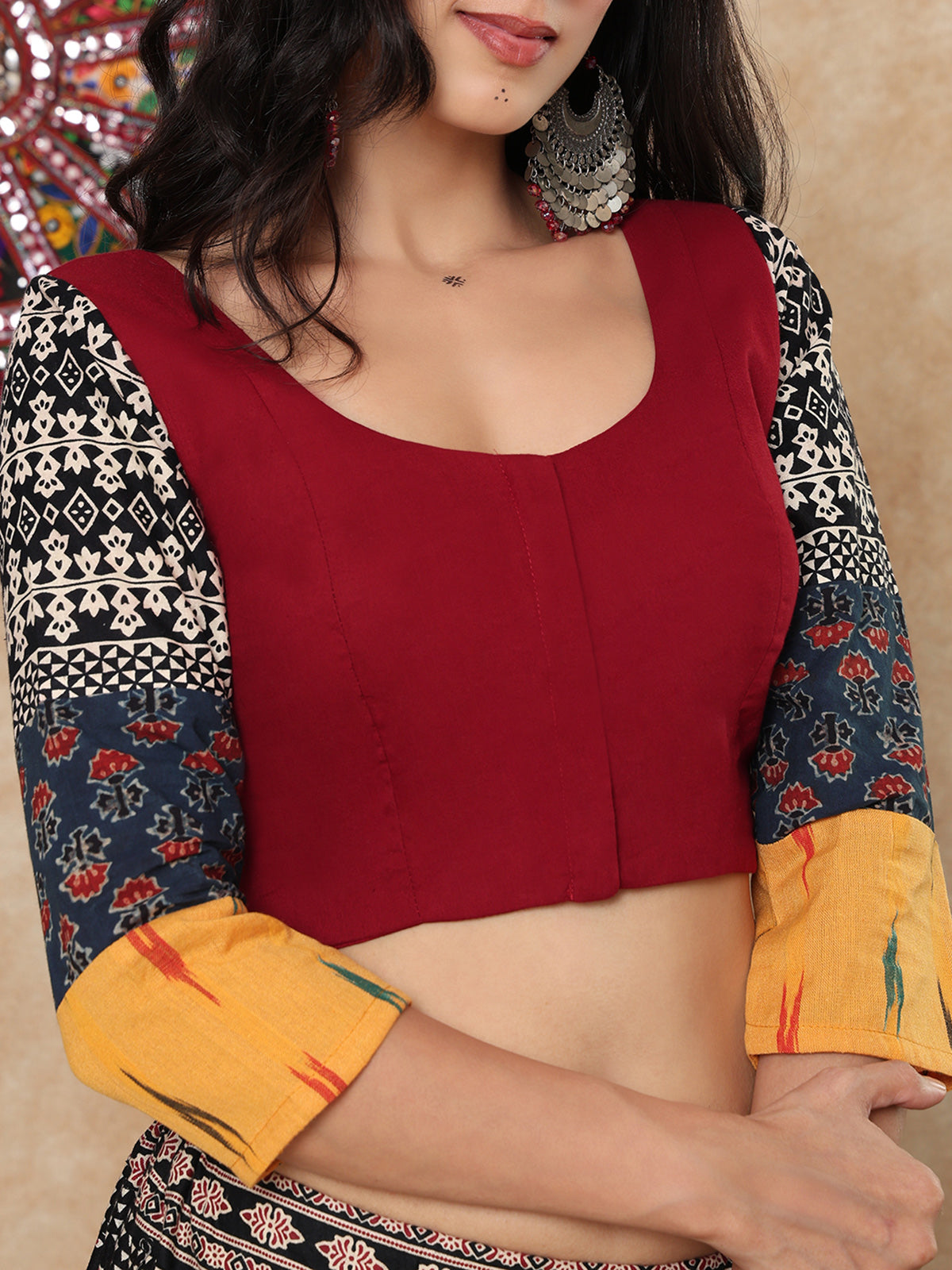 Multicolor printed cotton round neck quarter sleeve blouse design
