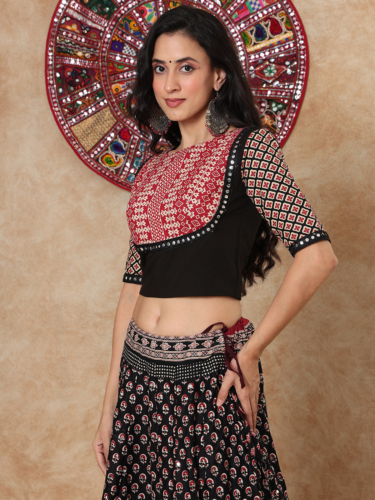 Black printed aabla work boat neck elbow sleeve blouse design
