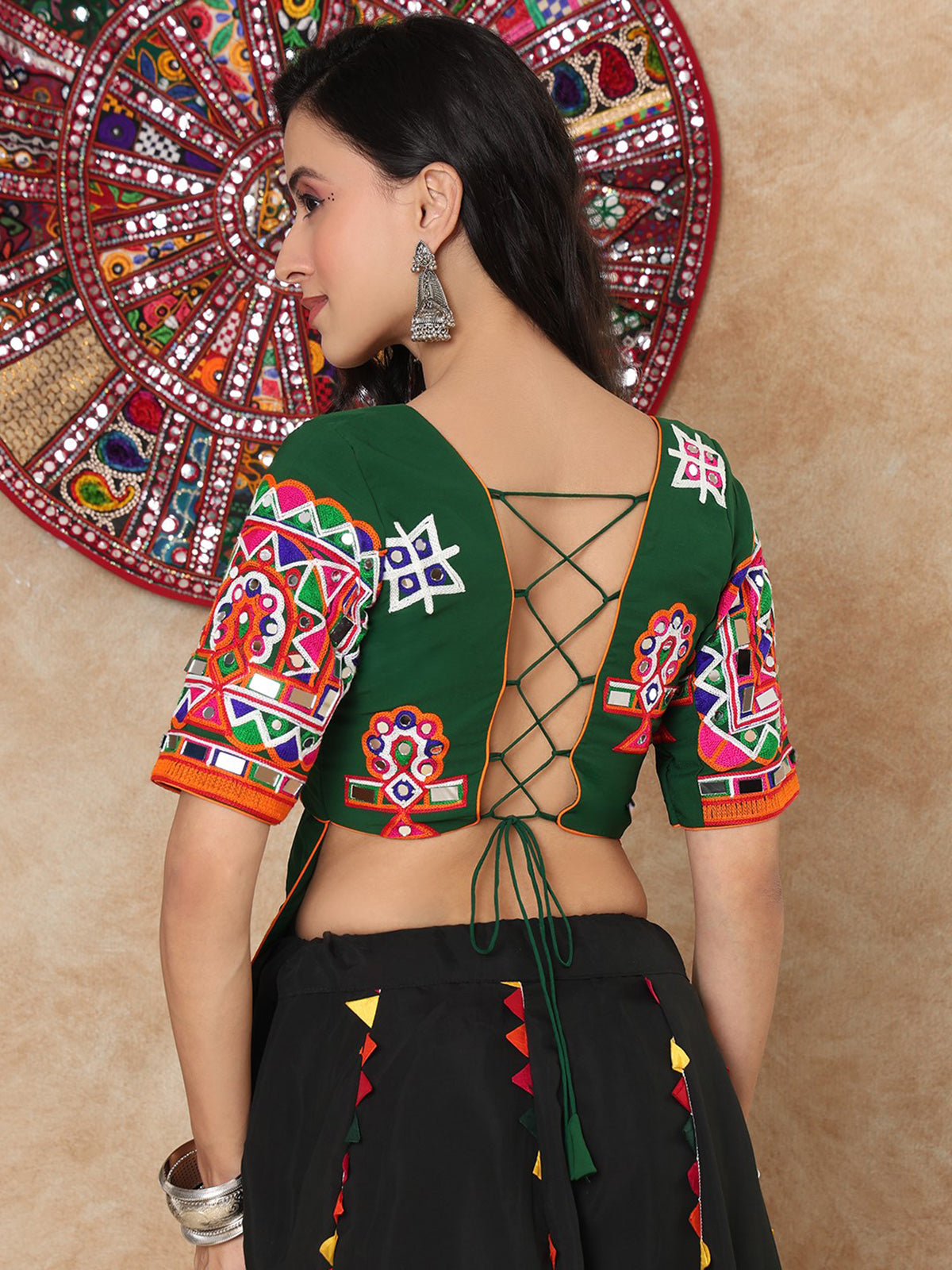 Green thread mirror work round neck elbow sleeve blouse design