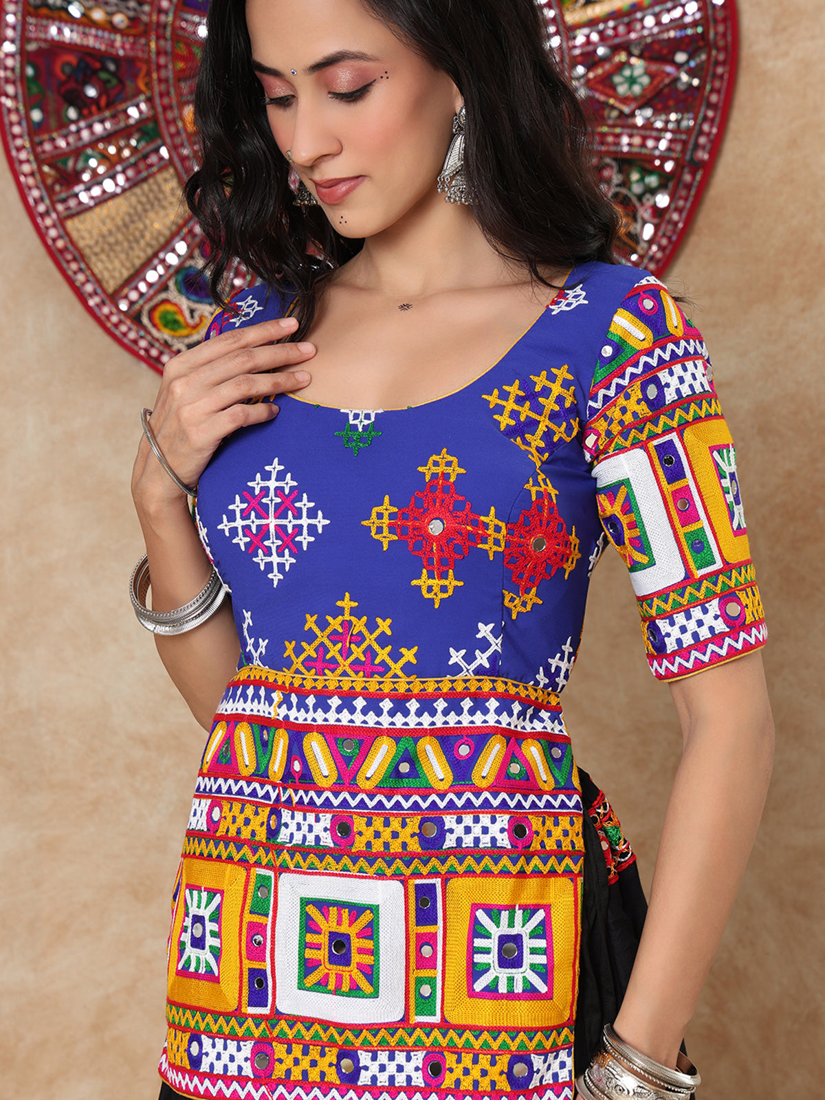 Blue thread mirror work round neck elbow sleeve blouse design