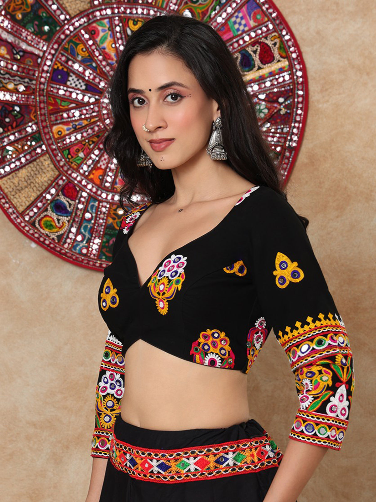 Black georgette thread mirror work sweetheart quarter sleeve blouse