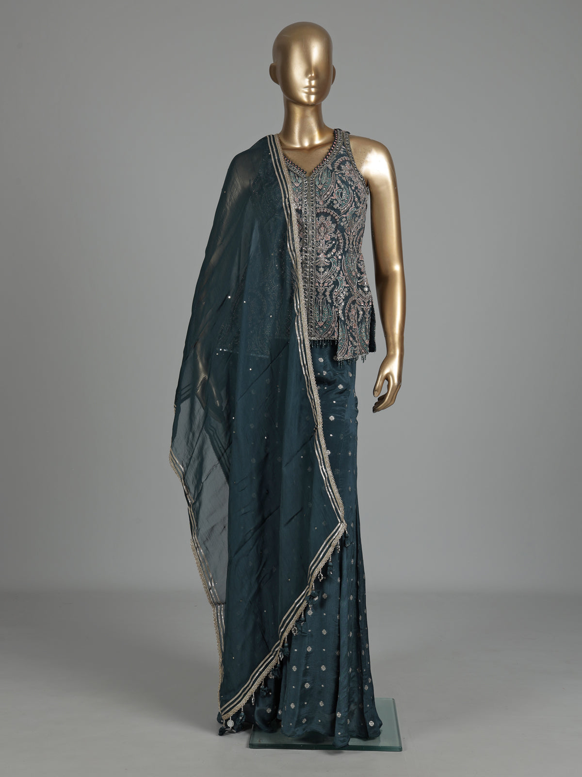 Rama green designer georgette silk palazzo suit with zardosi embellishments